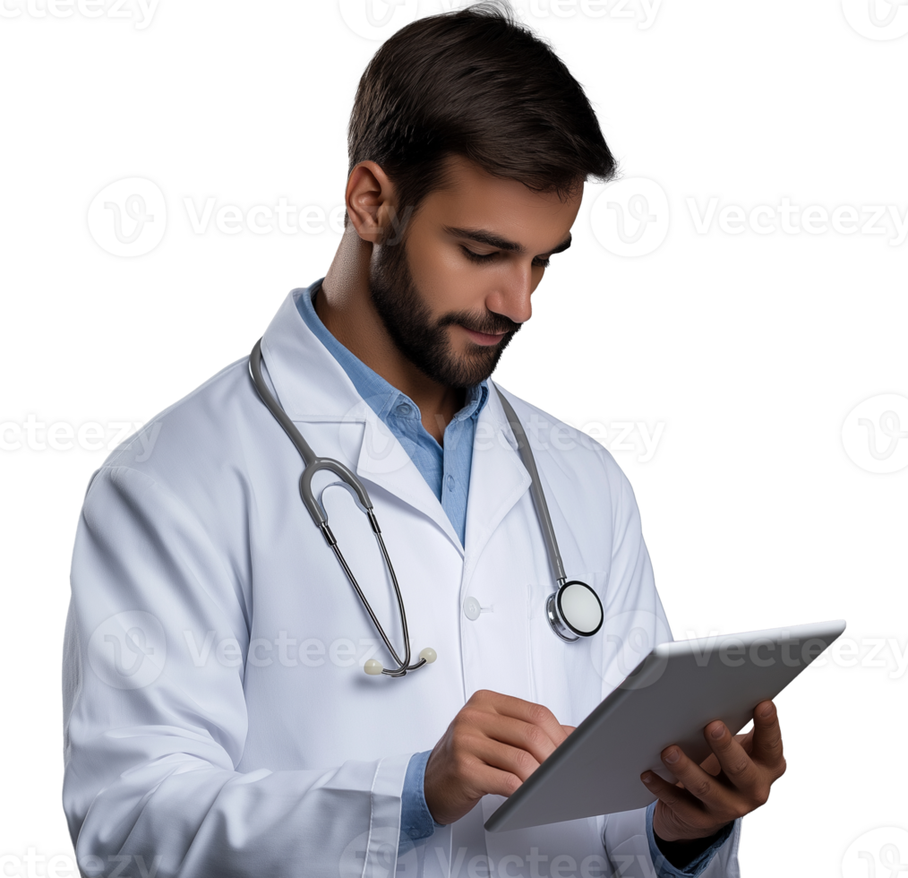Young adult male doctor reviewing patient data image isolated transparent. Stethoscope general practitioner working on tablet. Healthcare provider cutout photography png