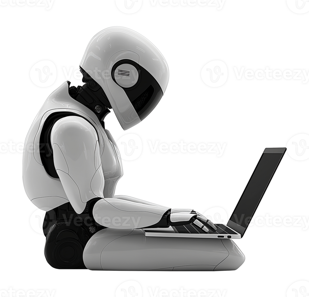 Modern humanoid robot typing on laptop transparent image. Robotic assistant isolated cutout 3d render. Futuristic workspace, intelligent machine cut out clipart design character png