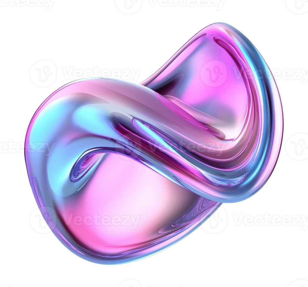 Futuristic liquid metal abstract shape with smooth glossy transparent image. Iridescent holographic sculpture isolated cutout 3d render. Chromatic cut out clipart design element png
