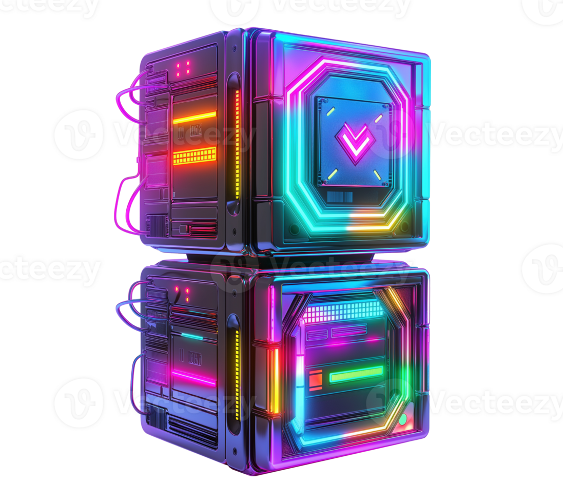 Cyberpunk AI processing unit with vibrant neon lights image isolated transparent. Advanced computing cut out. High-speed data processing cutout element object photography png