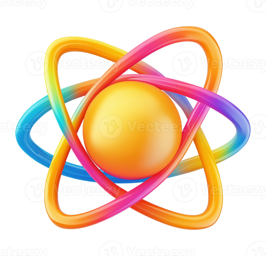 Vibrant atom model with rainbow orbits transparent image. Physics, quantum mechanics. Chemistry electron isolated cutout 3d render. Molecular science cut out clipart design element png