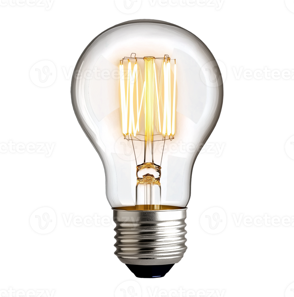 Classic incandescent light bulb with soft glow image isolated transparent. Electric fixture cut out. Energy source. Household lightbulb cutout element object photography png