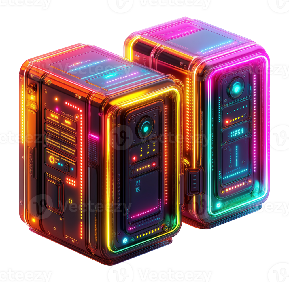 Neon AI data servers with vibrant neon lights image isolated transparent. Cyber security, high-speed computing cut out. Smart database cutout element object photography png