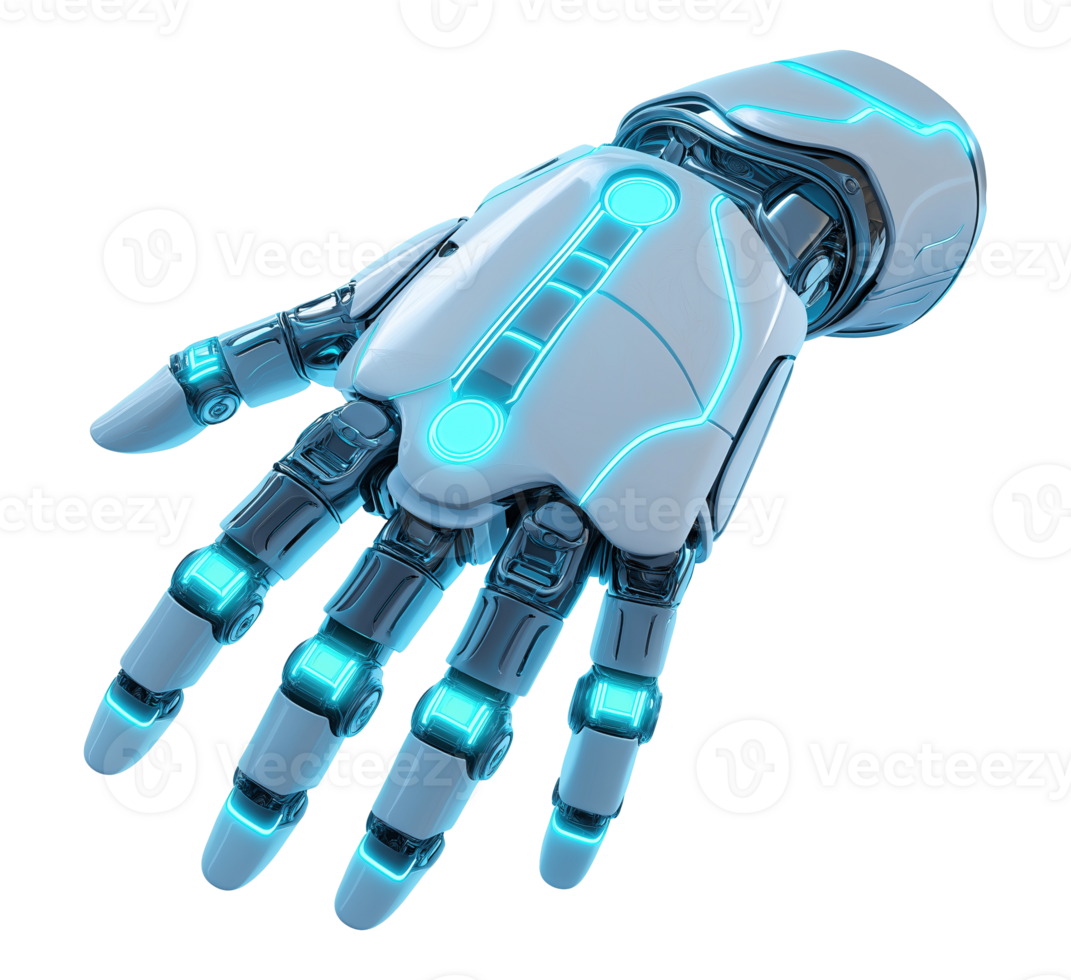 Futuristic cybernetic hand with blue neon and mechanical joints image isolated transparent, . Prosthetics cut out . Advanced robotics prosthesis cutout element object photography png
