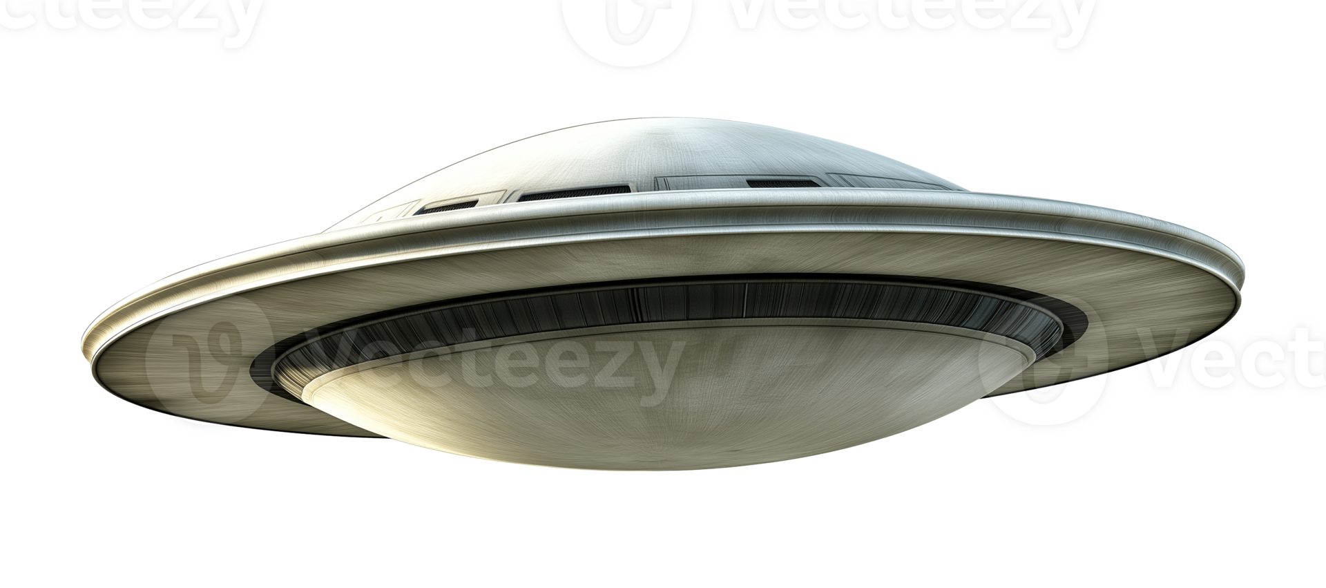 Classic flying saucer with smooth metallic finish image isolated transparent. Advanced spacecraft cut out. Unidentified extraterrestrial object cutout element photography png