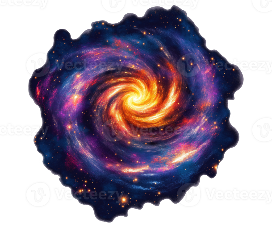 Fiery swirling galaxy in deep space transparent image. Breathtaking painting of luminous stars and colorful nebulae isolated cutout. Cosmic abstraction cut out clipart design element png