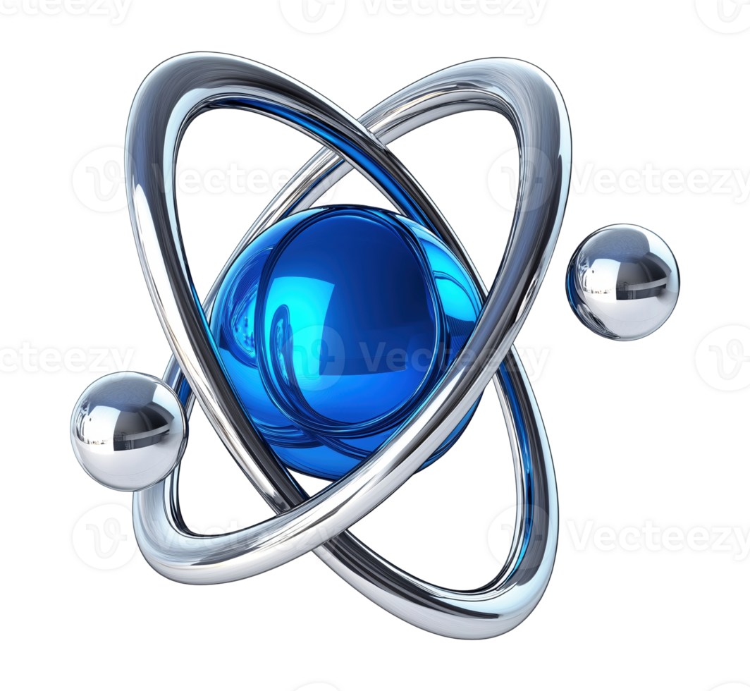 Metallic atom model with electron orbits transparent image, . Physics, quantum mechanics. Symbol isolated cutout 3d render. Molecular science cut out clipart design element png