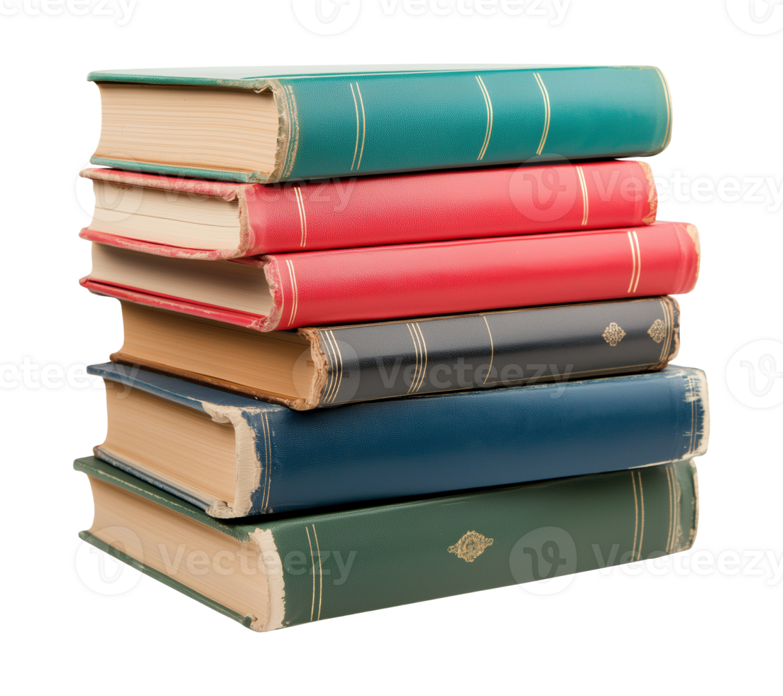 Stack of colorful vintage worn hardcover books image isolated transparent, . Old novels, classic literature cut out . Reading culture cutout element object photography png