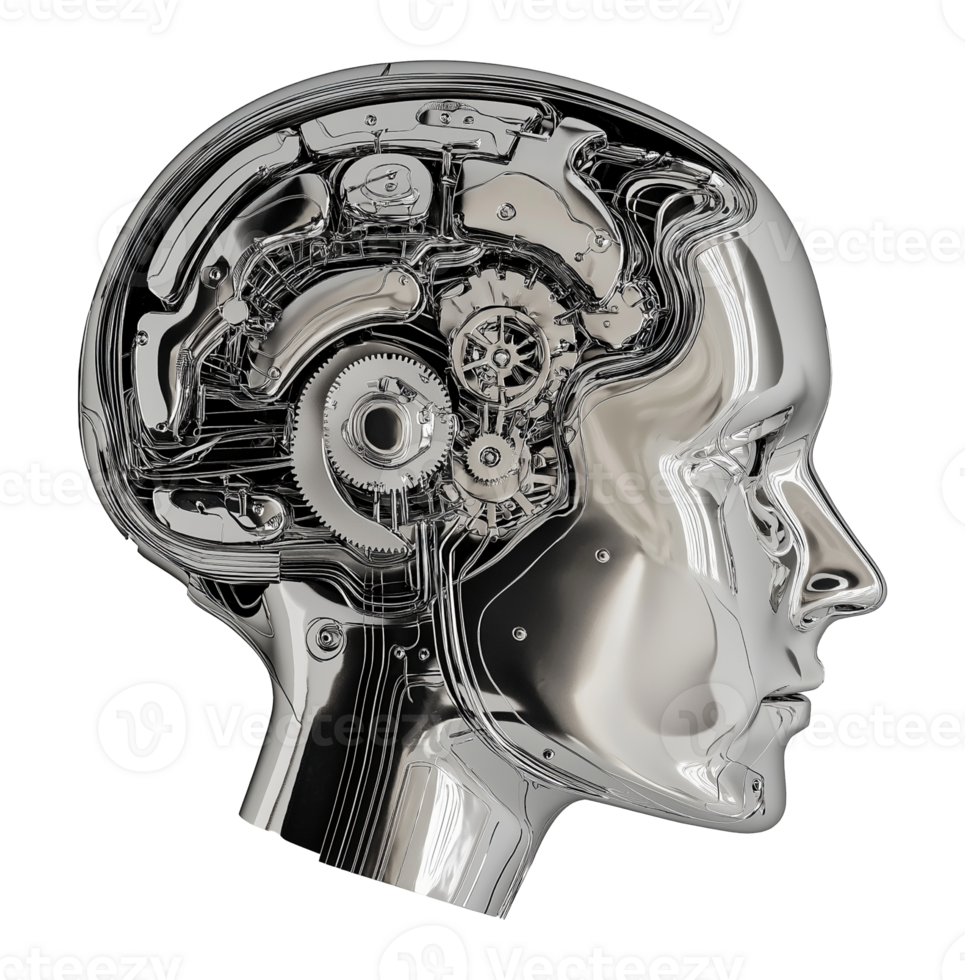 Robotic human head with mechanical gears image isolated transparent, . Artificial mind. Machine intelligence cut out . Cybernetic engineering cutout element object photography png