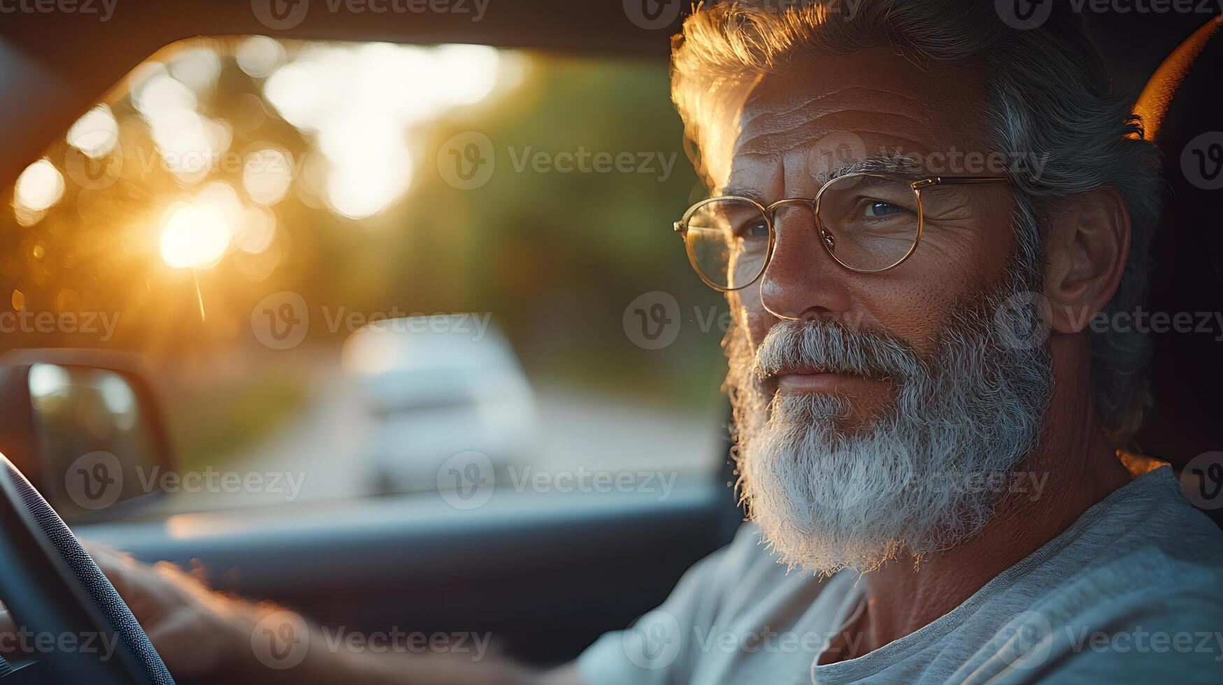 Executive in a car, working with laptop on the go, preparing for the workday ahead photo