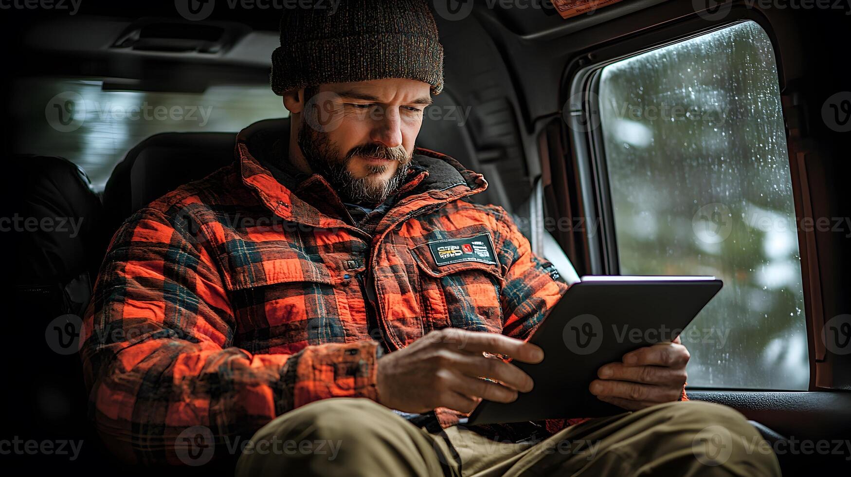Professional working with a tablet and notepad in the backseat of a taxi, preparing for a busy day photo
