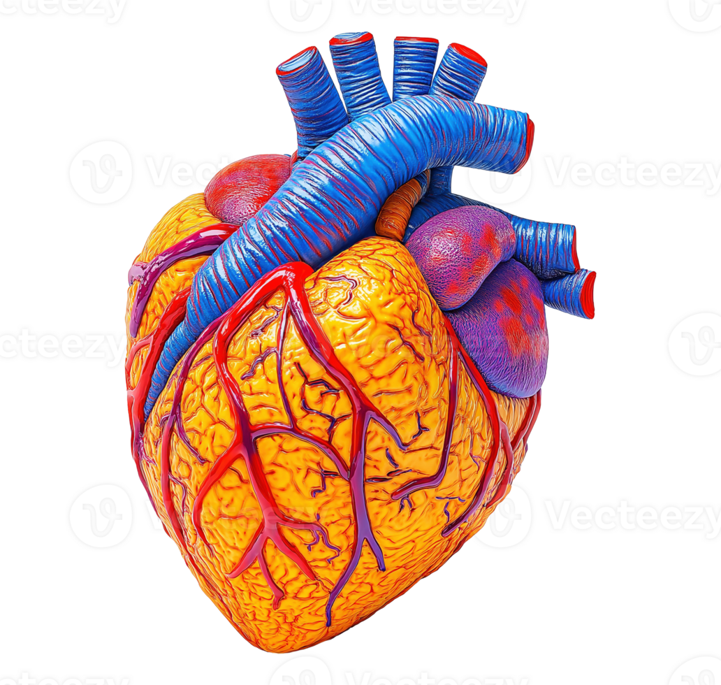Anatomical human heart with cardiovascular arteries image isolated transparent, . Blood circulation. Internal organ cut out . Biological study cutout element object photography png