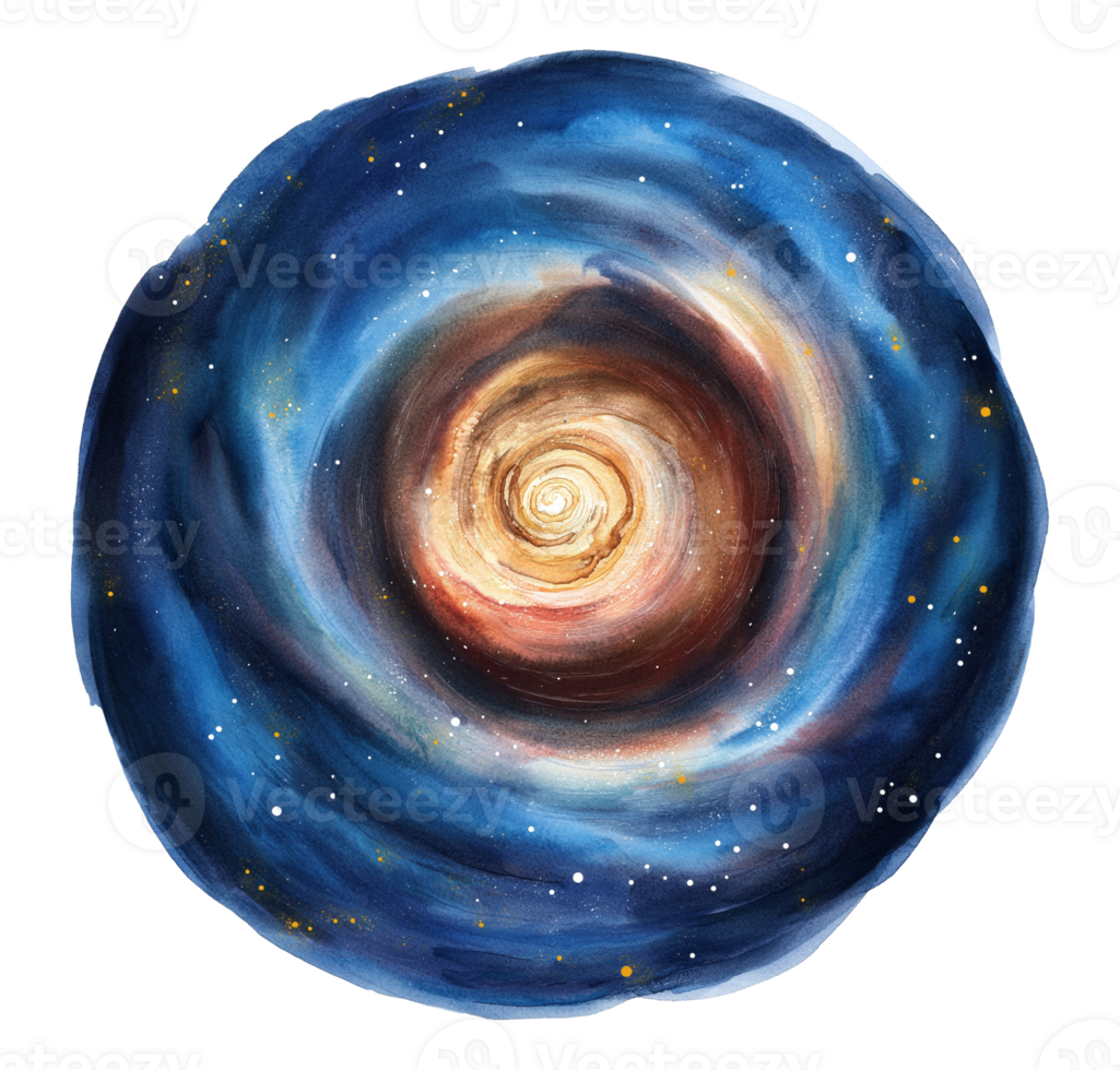 Stunning watercolor painting of spiral galaxy transparent image, . Deep blue cosmic swirls, scattered stars isolated cutout. Celestial wonder cut out clipart design element png