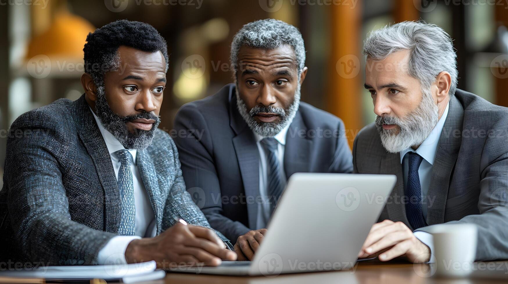 Team of diverse business professionals brainstorming ideas with a laptop open on a stylish office table photo