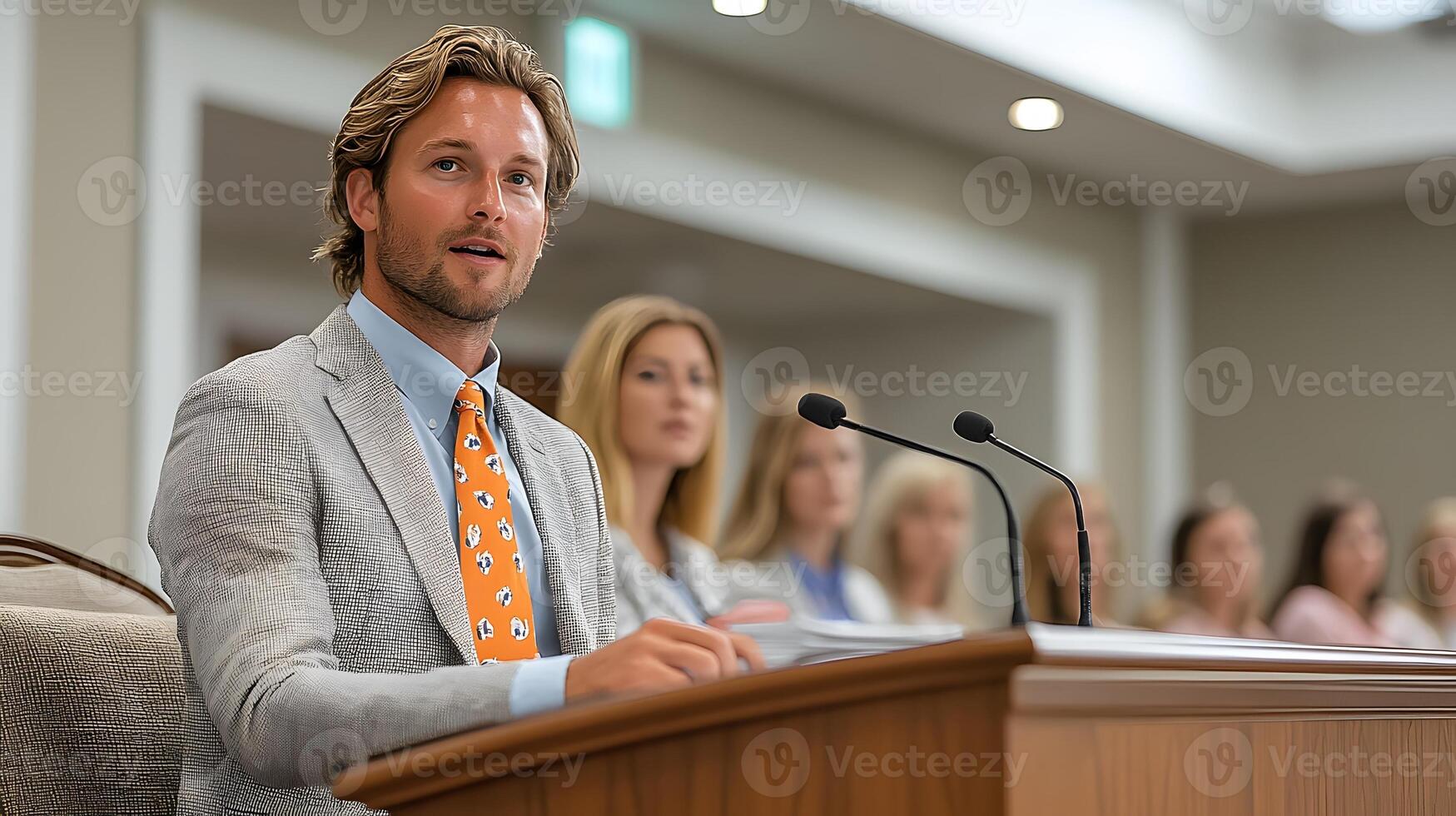 Coach presenting business strategy before a focused audience, energetic lecture with visual aids in modern conference room photo