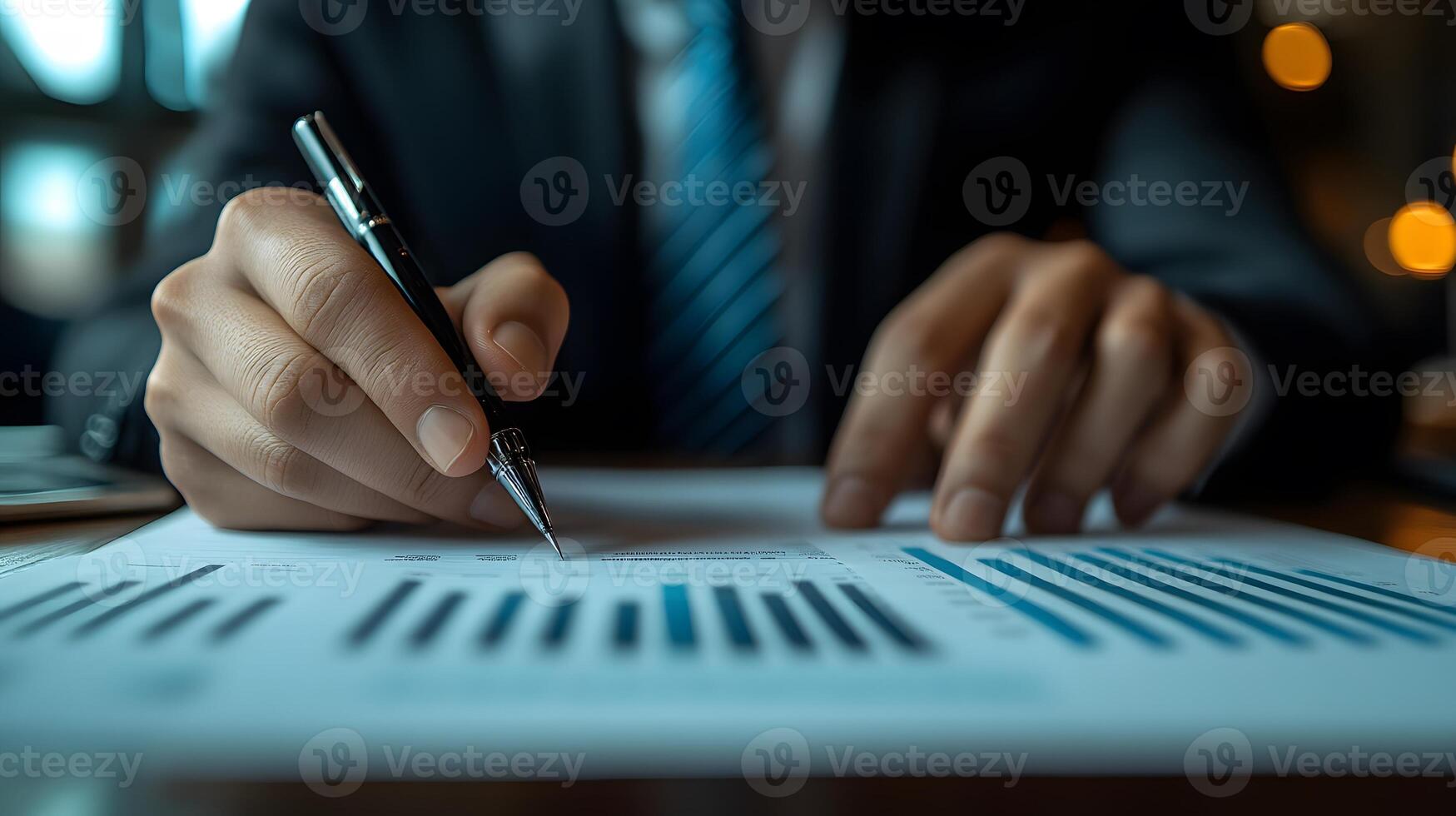 Corporate education with mentor using data charts and reports to teach growth strategy to attentive professionals photo