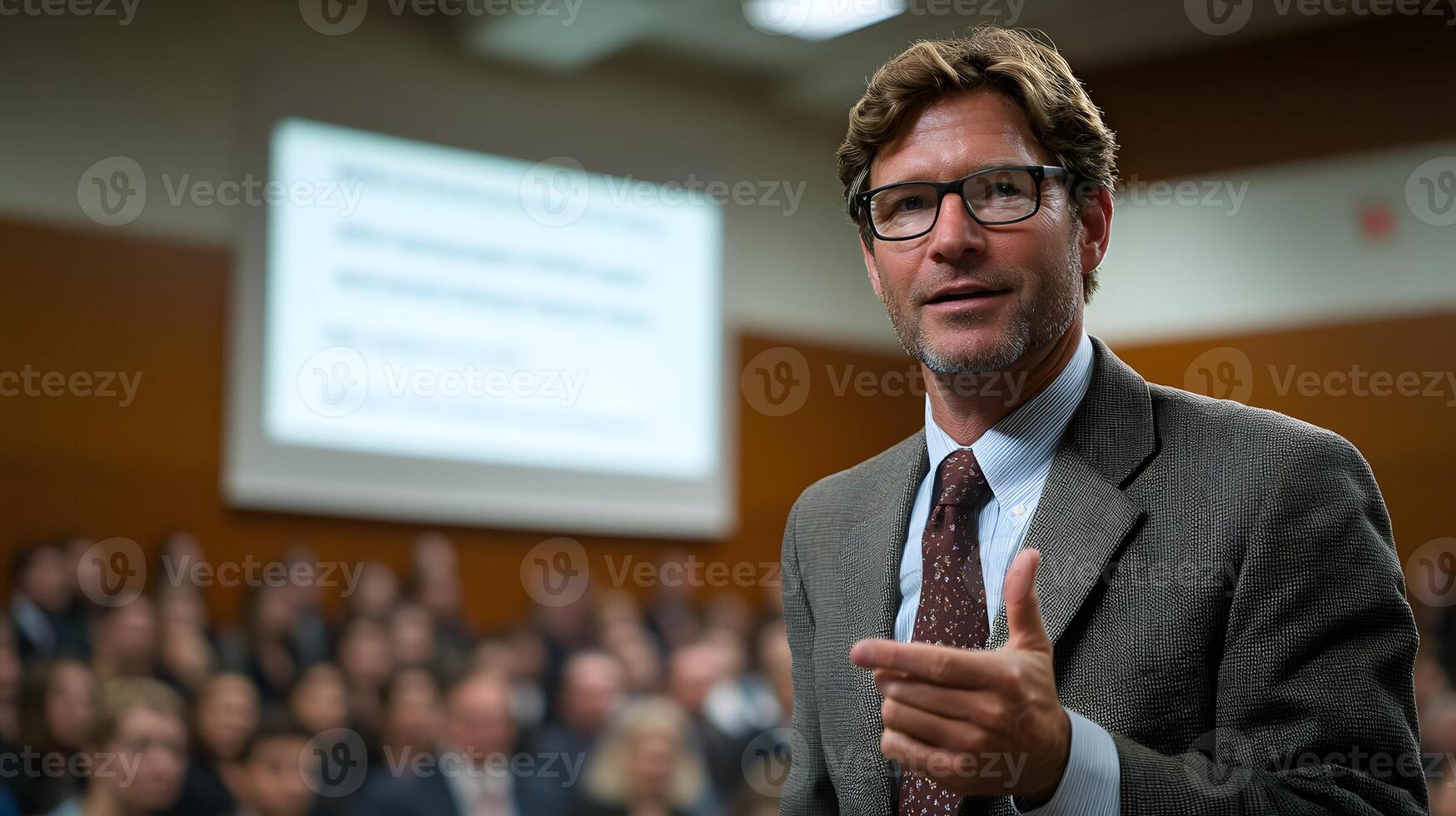 Corporate coach illustrating complex data charts and reports to a diverse audience in an educational setting photo