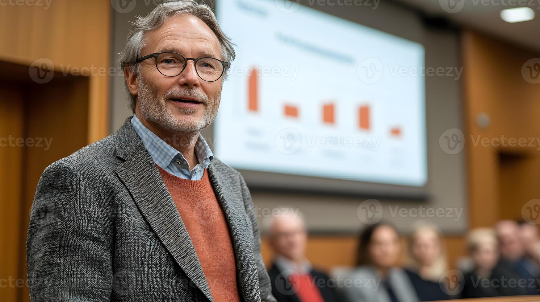 Professional coach standing before an audience, showcasing business strategy charts and diagrams on a large screen photo