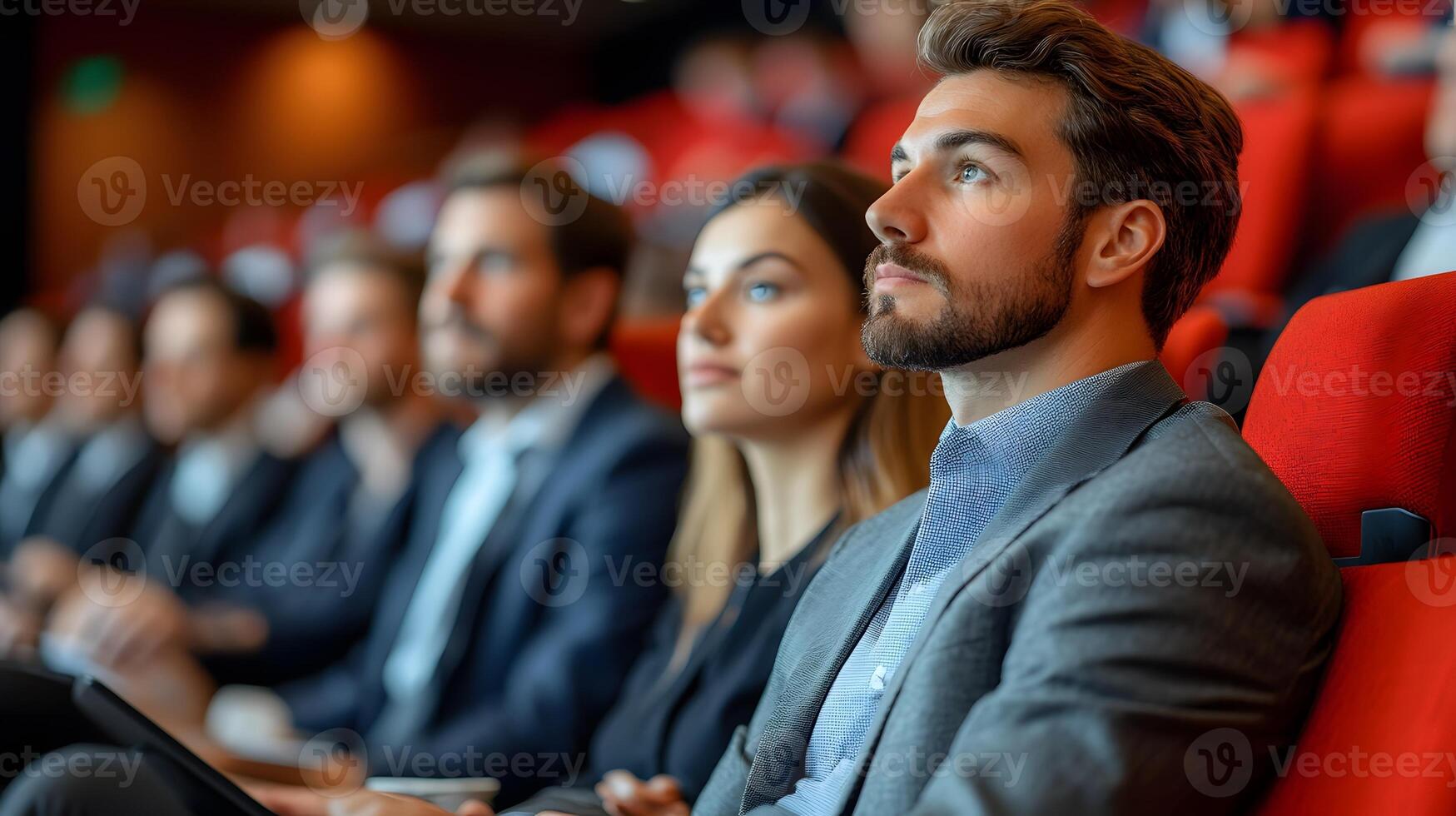 Isometric corporate coaching session, teacher presenting to employees seated in rows, professional design photo