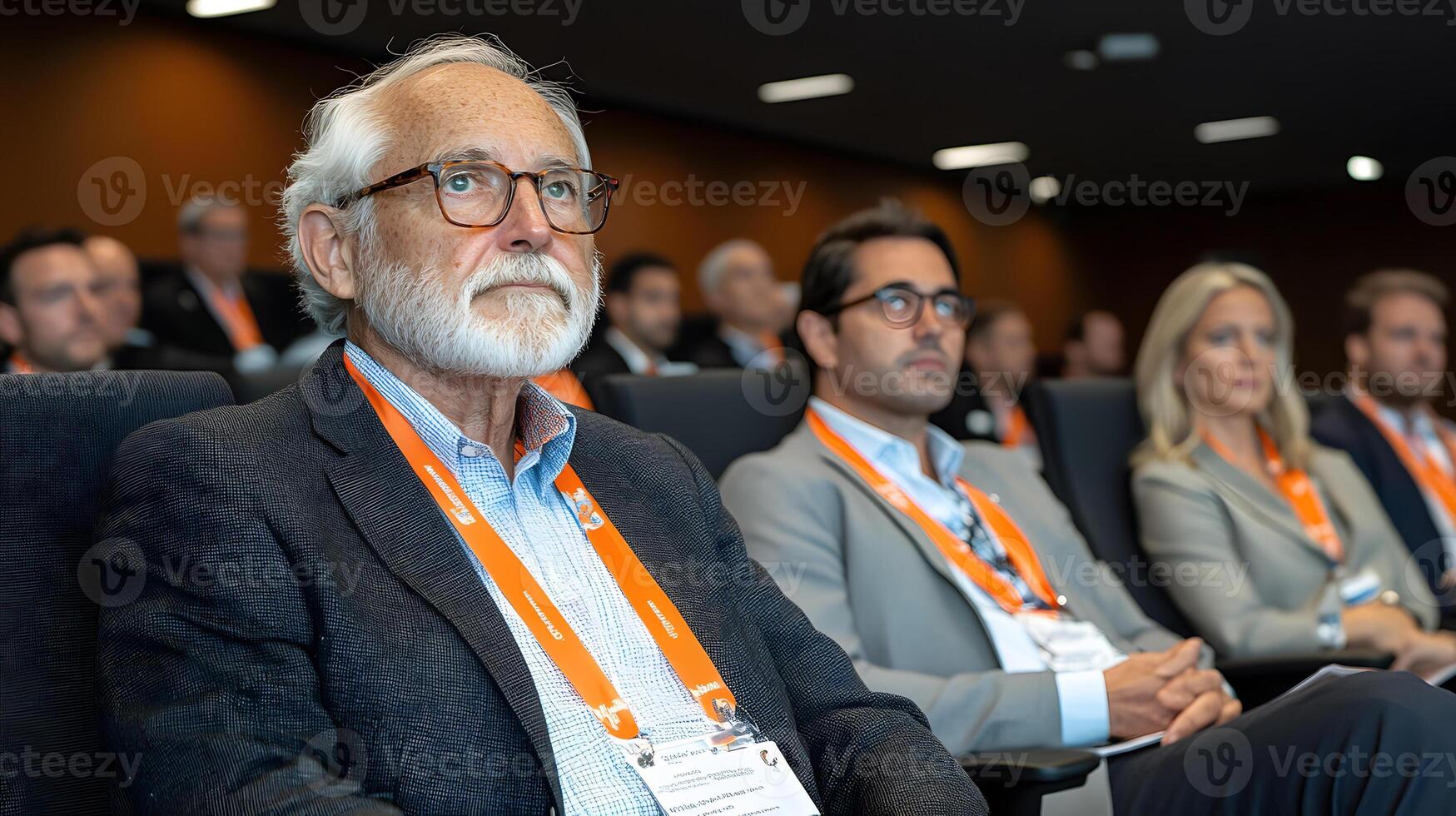 Business training seminar in an office group of diverse employees sitting attentively on chairs in a modern meeting room photo