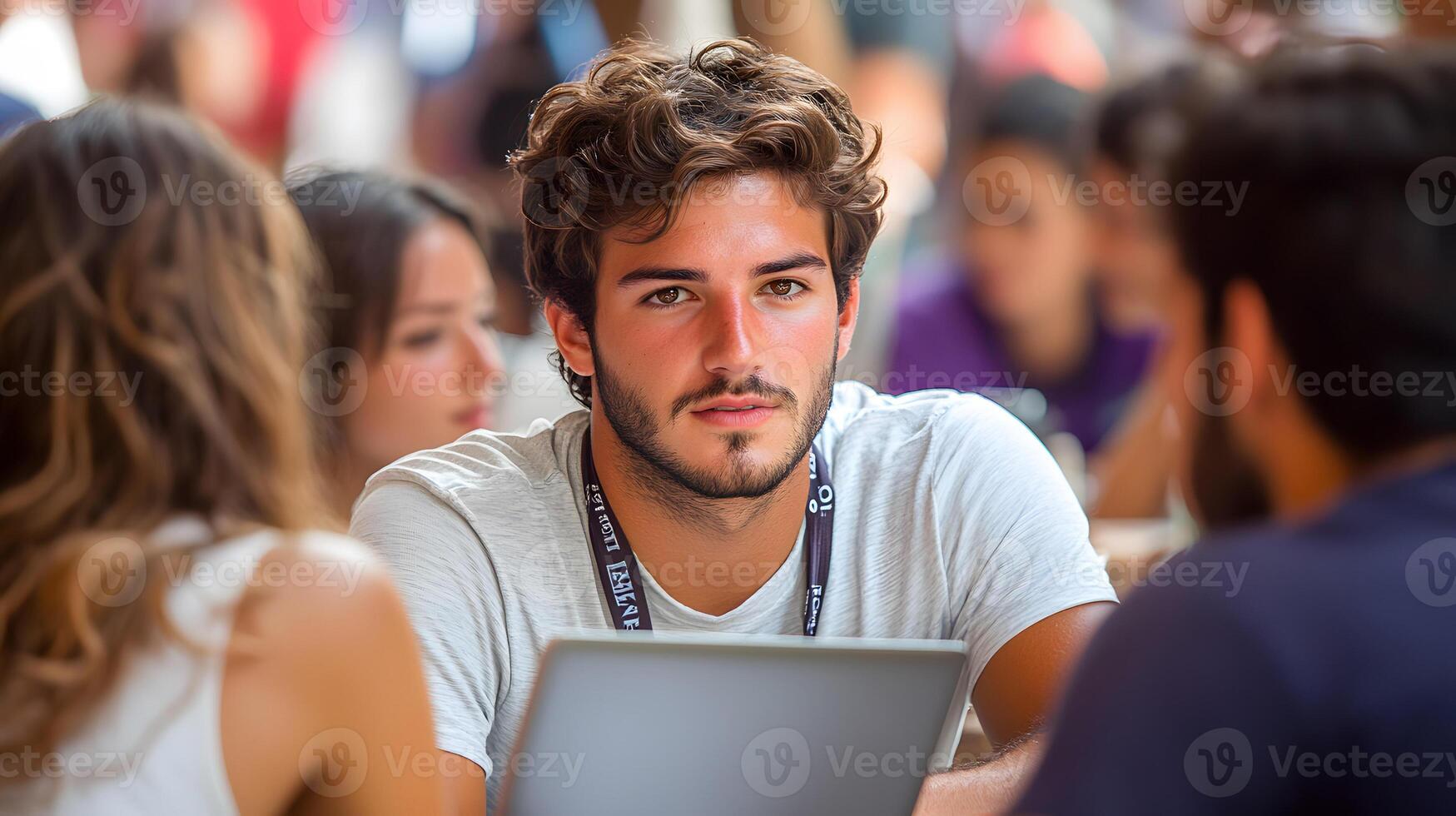 Team members from different backgrounds engaged in a laptop discussion in a collaborative workspace photo