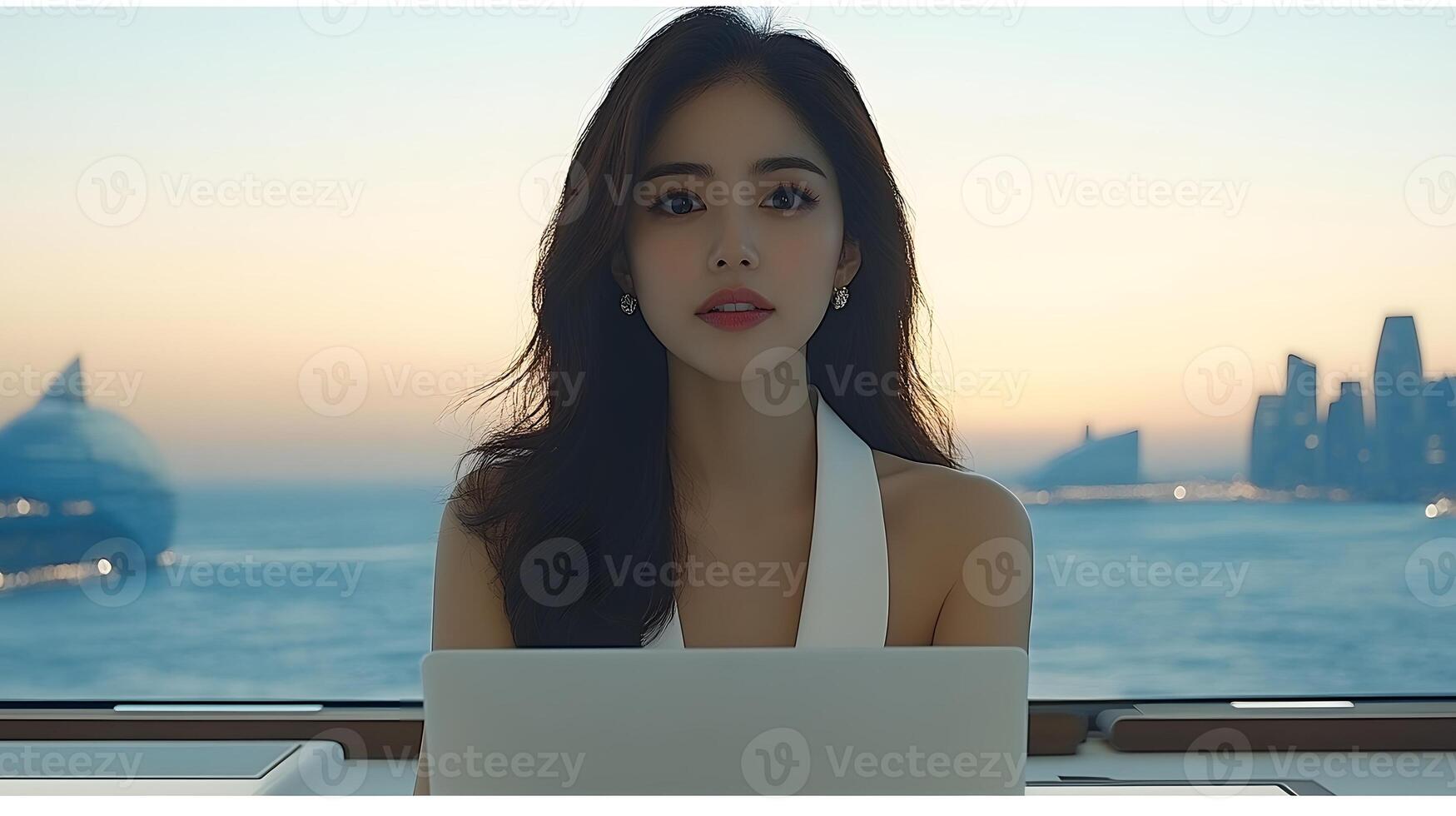 Confident woman CEO working on a laptop in bright modern office, stylish workspace, leadership in focus photo