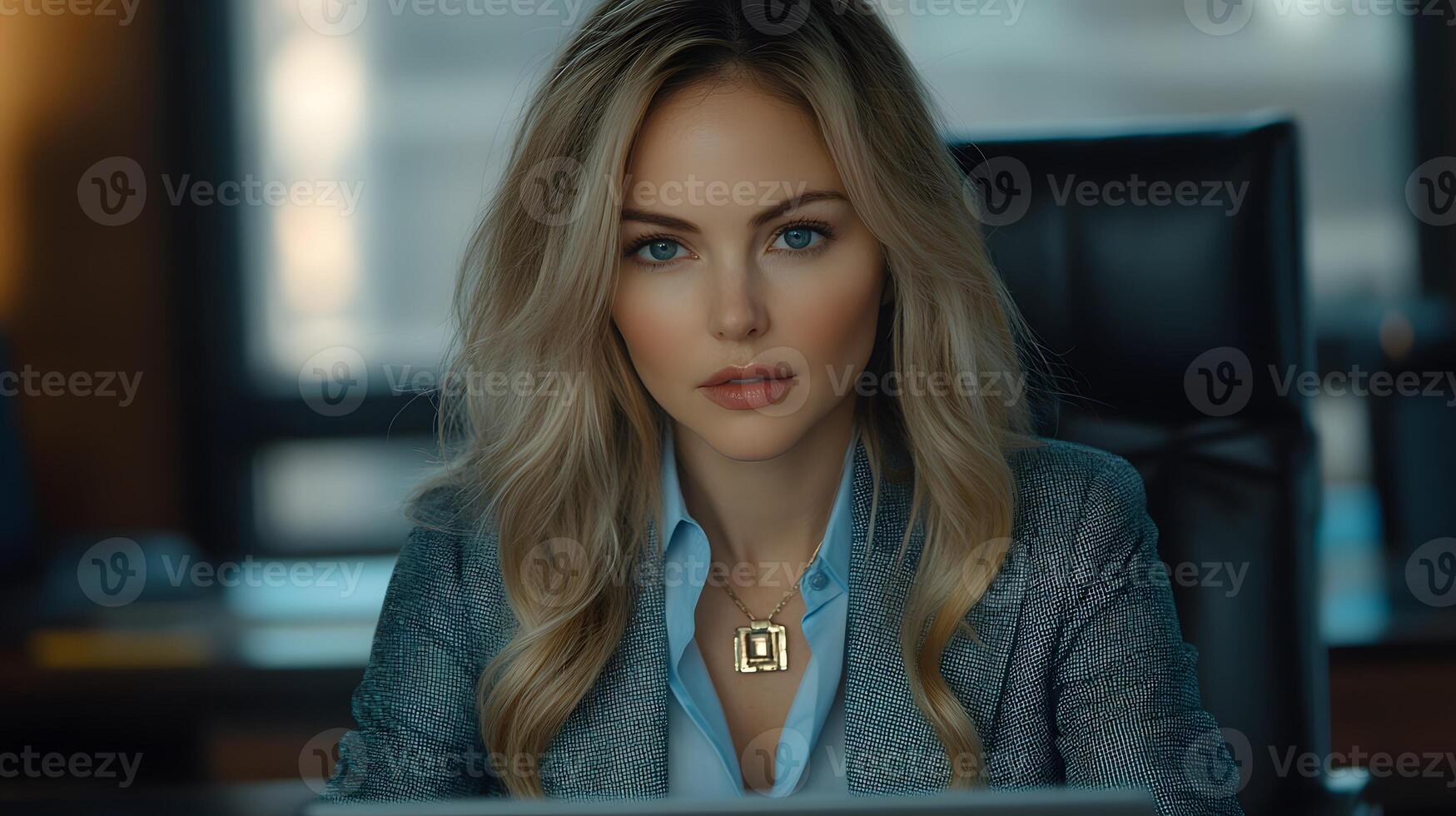 Female business leader seated at a desk using a laptop in a modern, well-organized office, serene atmosphere photo