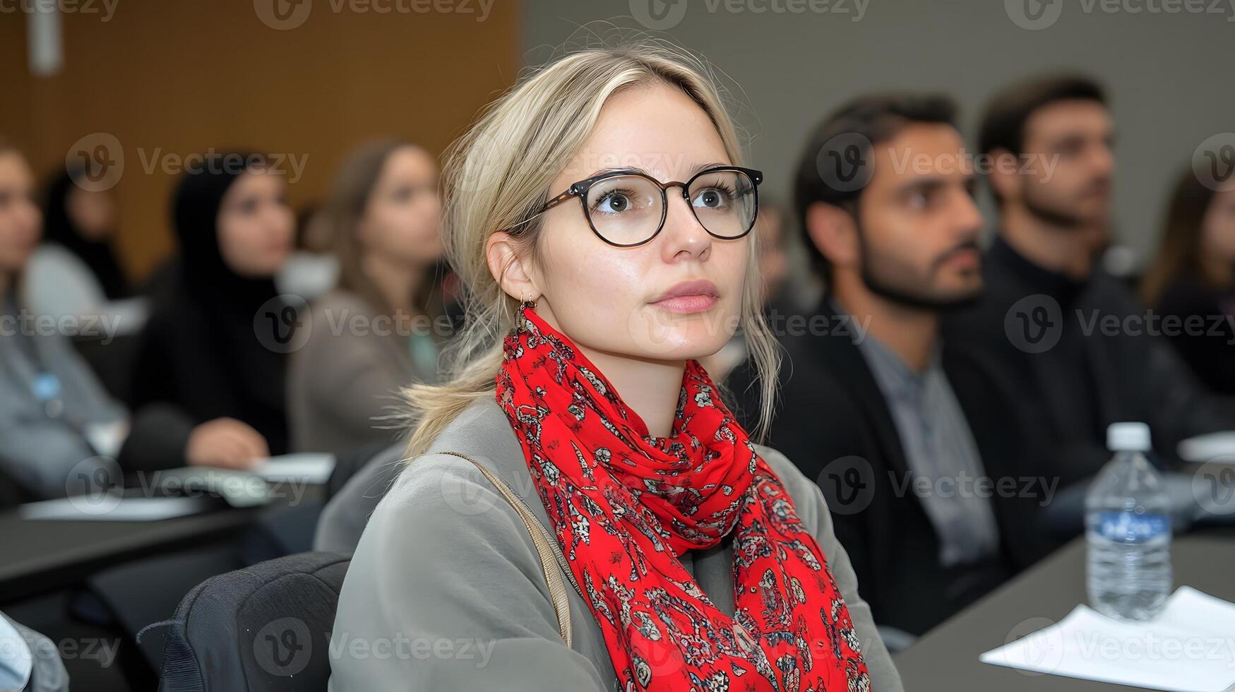 Company employees participating in professional development seminar, diverse team seated in rows in an office setting. photo