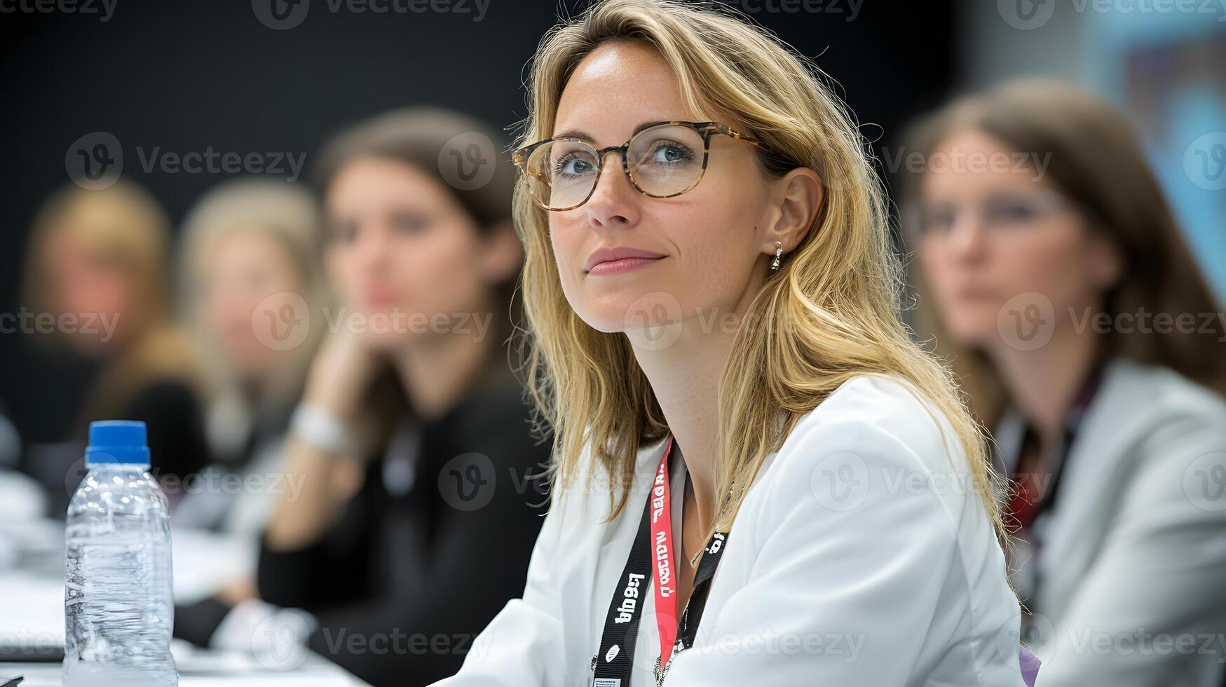 Business seminar in an office meeting room, group of employees seated in rows, engaged in a training session photo