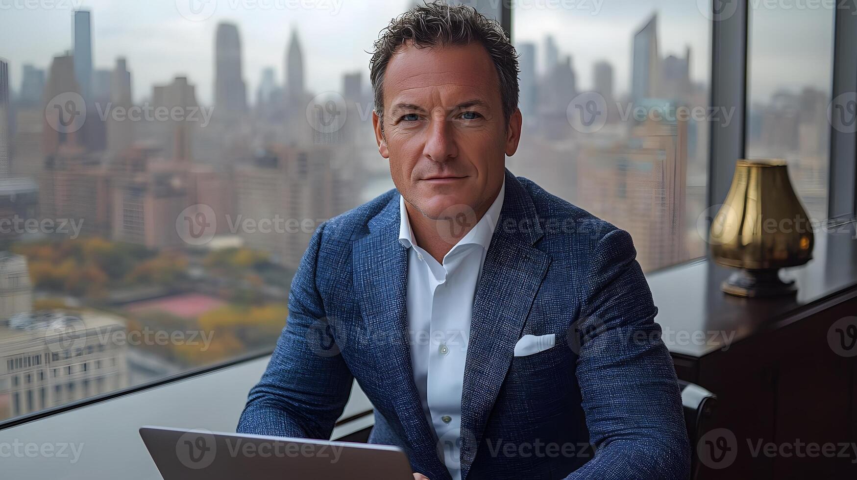 Middle-aged CEO working on a laptop in sleek office workspace, focused expression, modern business setting photo