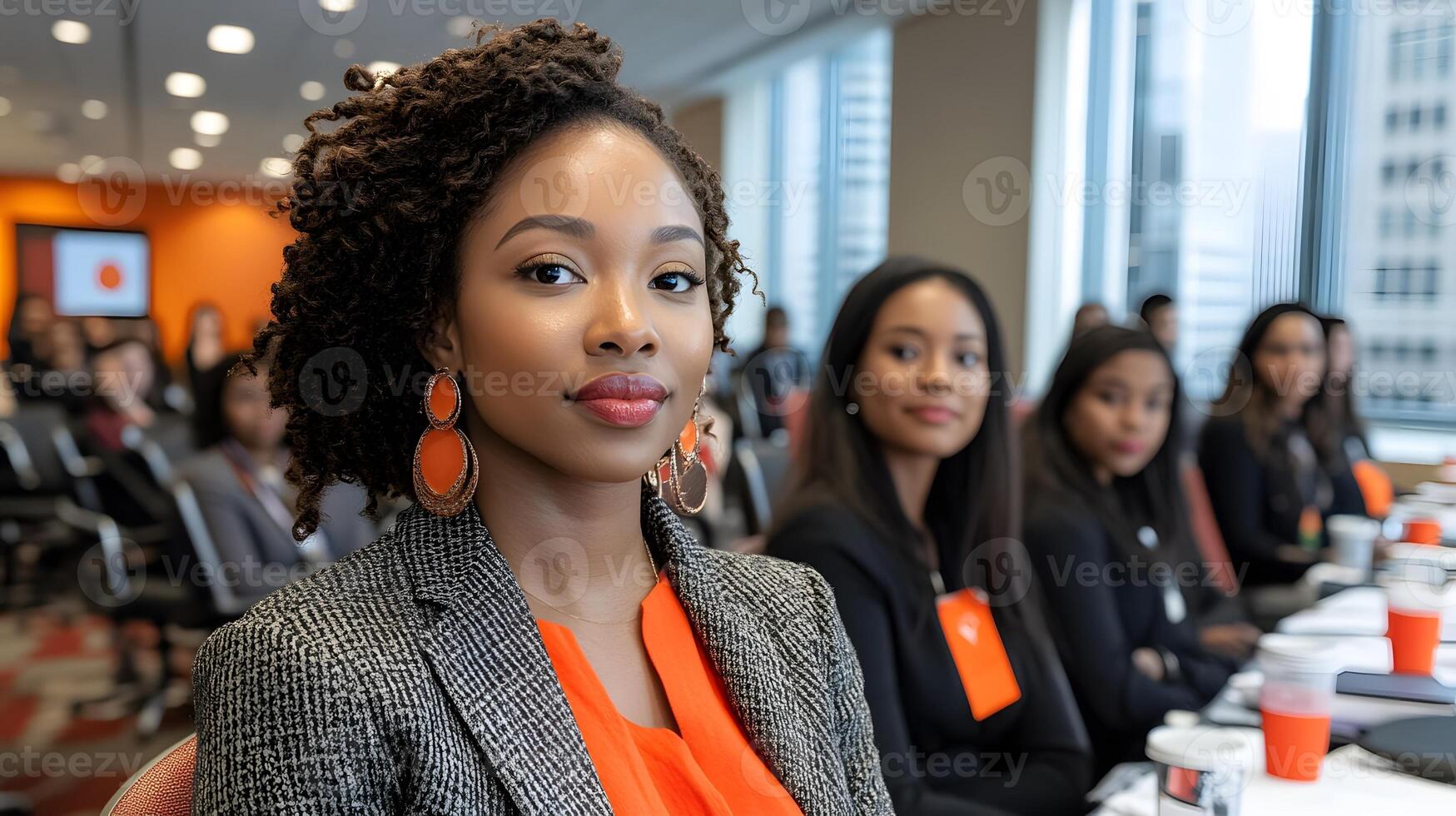 Corporate conference with employees sitting in a modern office setting, diverse team engaged in a training session photo