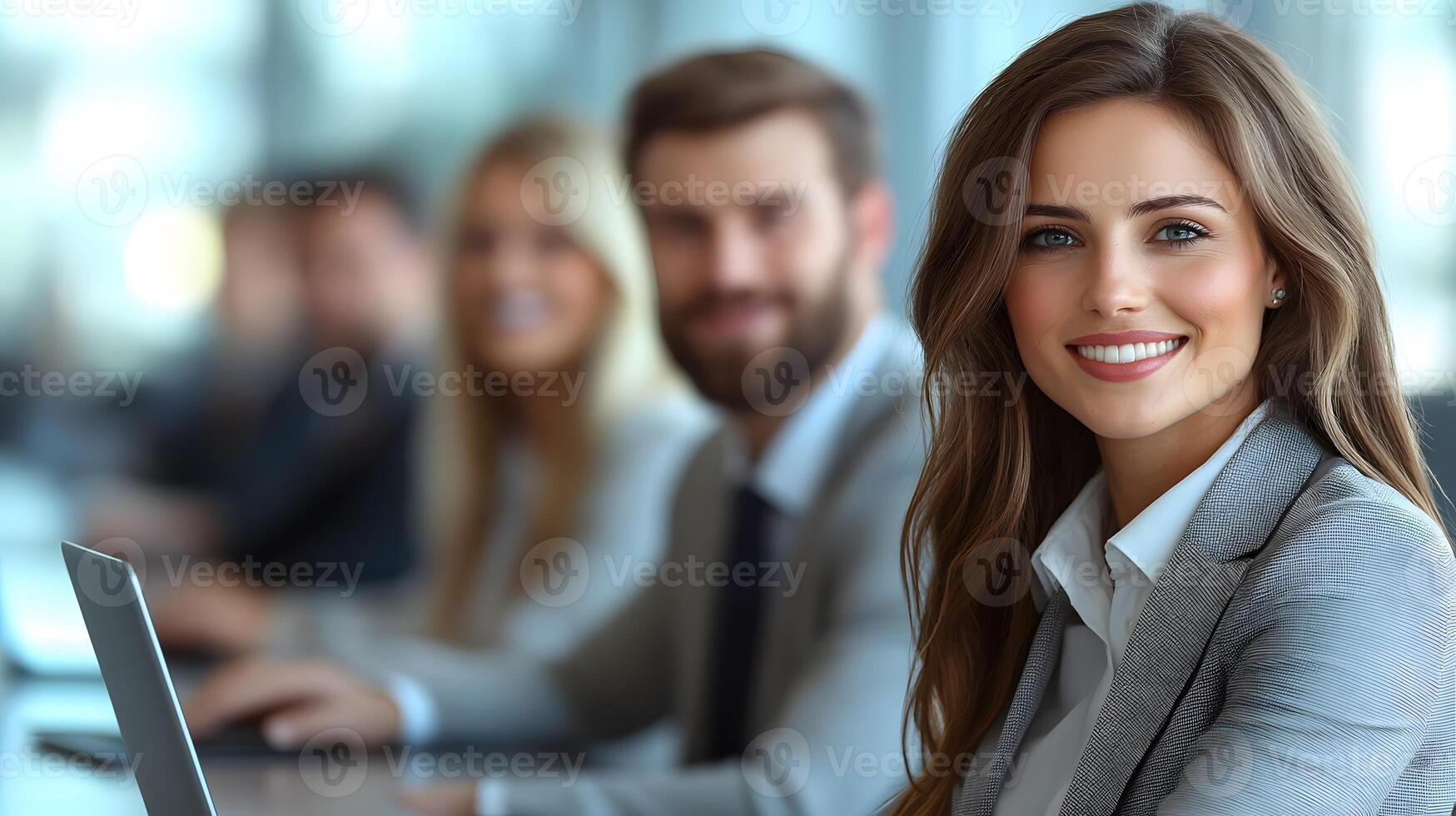Business team smiling and looking at a laptop symbolizing unity and successful collaboration in a sleek modern workspace photo