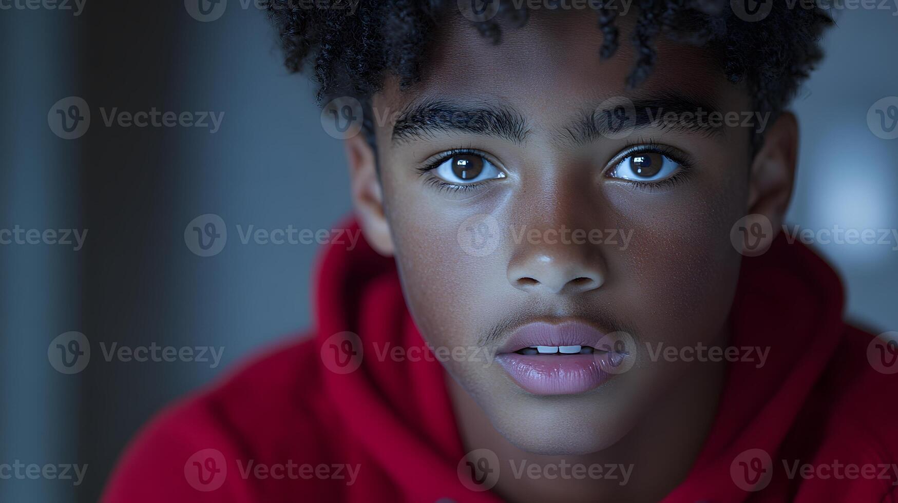 Young man studying digital network security icons, code and data safety glowing in low light photo