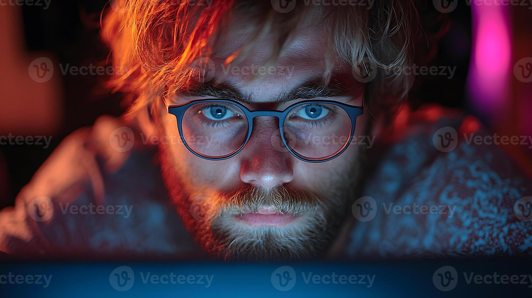 Night-time cyber professional with network security icons, digital protection focus photo