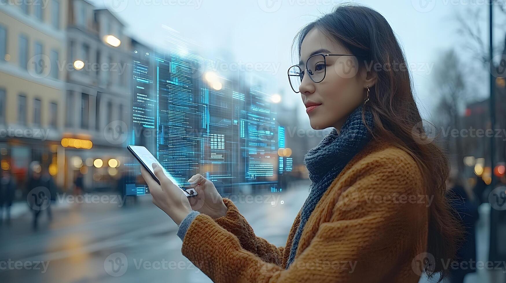 Modern professional using phone with AI holographic technology, innovative data visualization photo