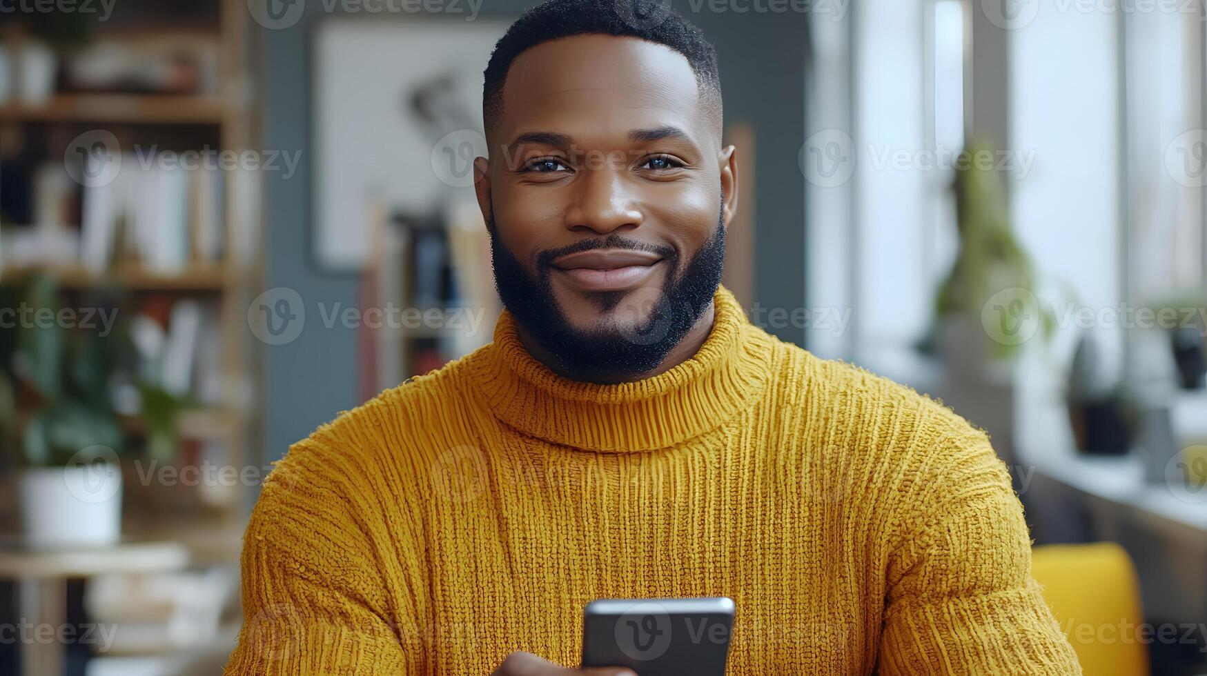 Business executive looking at phone, working on mobile technology, professional office photo