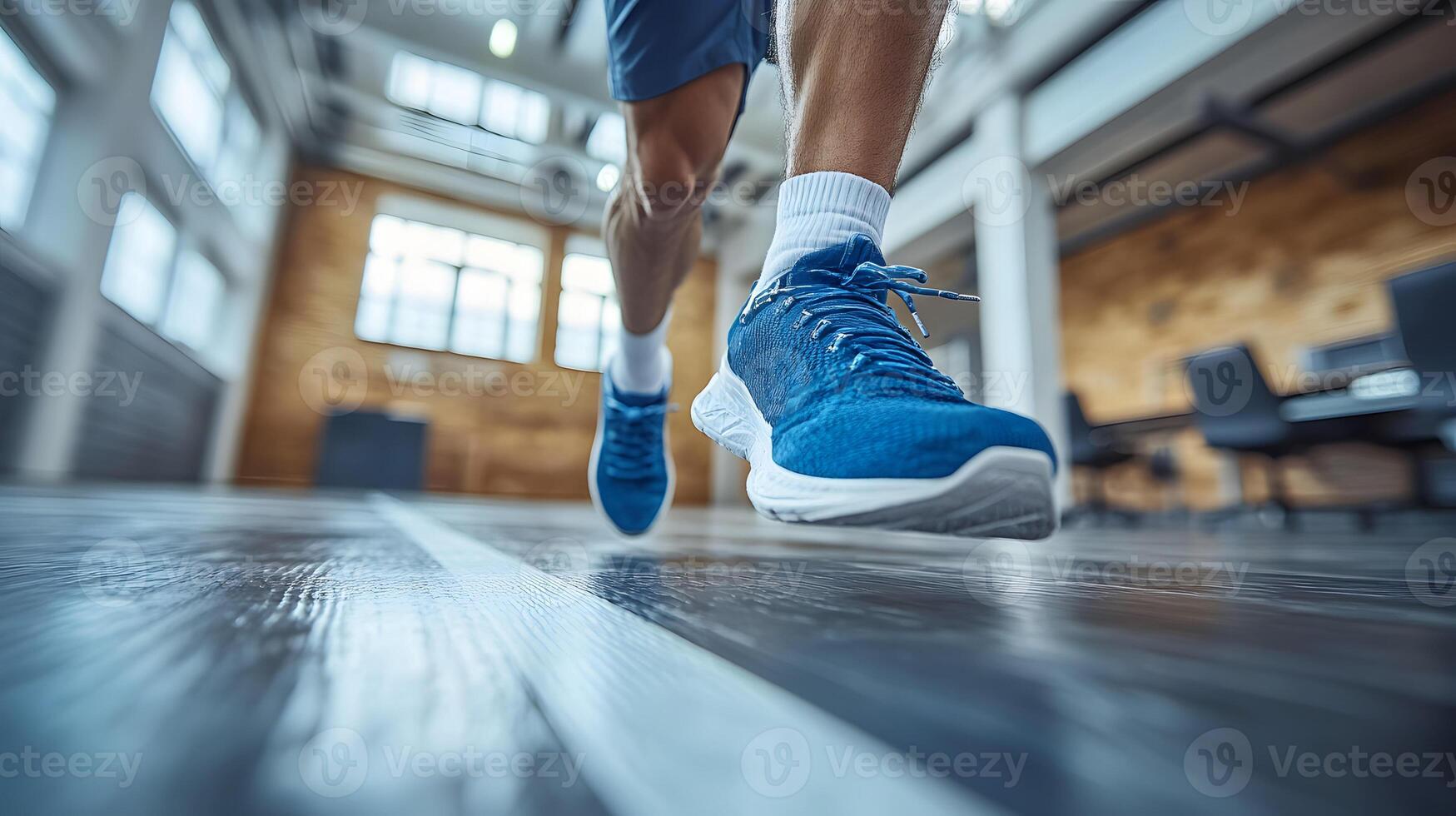 Man crossing a symbolic finish line in an office celebrating promotion and career growth. photo