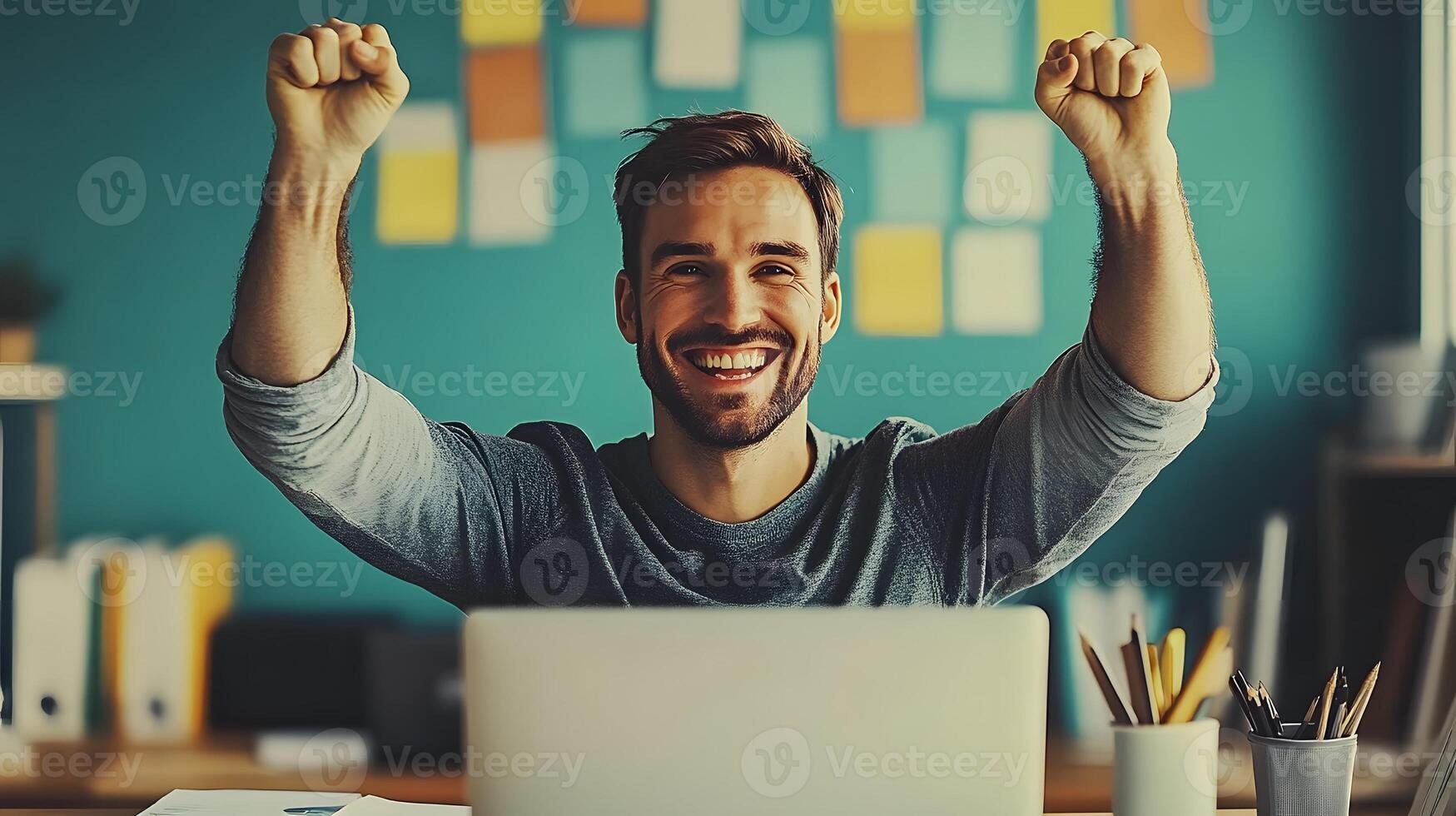 Man crossing a symbolic finish line in an office, celebrating promotion and career growth photo