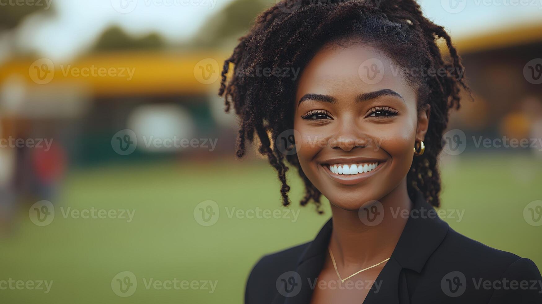 Businesswoman standing at a finish line, holding a trophy with a proud smile, representing career accomplishment photo