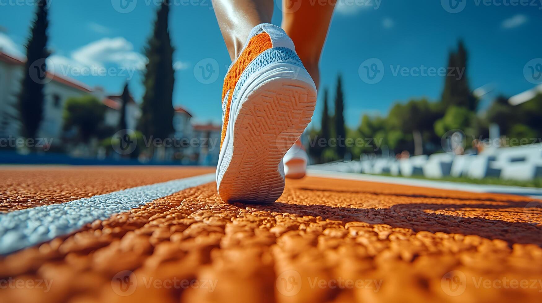 Runner crossing the finish line, arms raised high in celebration, symbolizing ultimate success and achievement photo