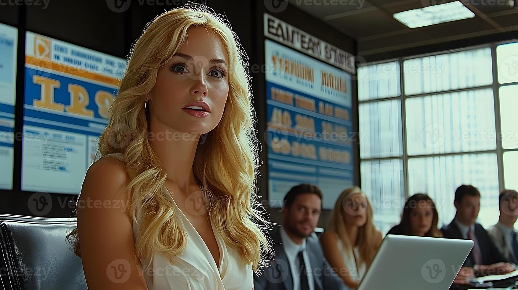 Businesswoman giving presentation with laptop modern office setting, colleagues watching attentively. photo