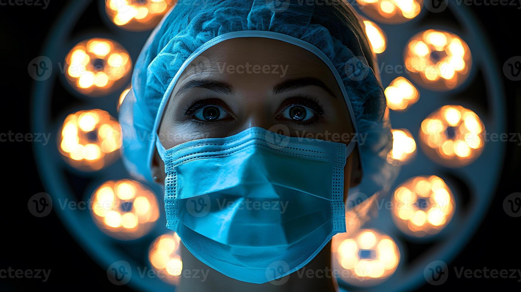Focused doctor in operating theater surgical lights illuminating, fully prepped for procedure photo