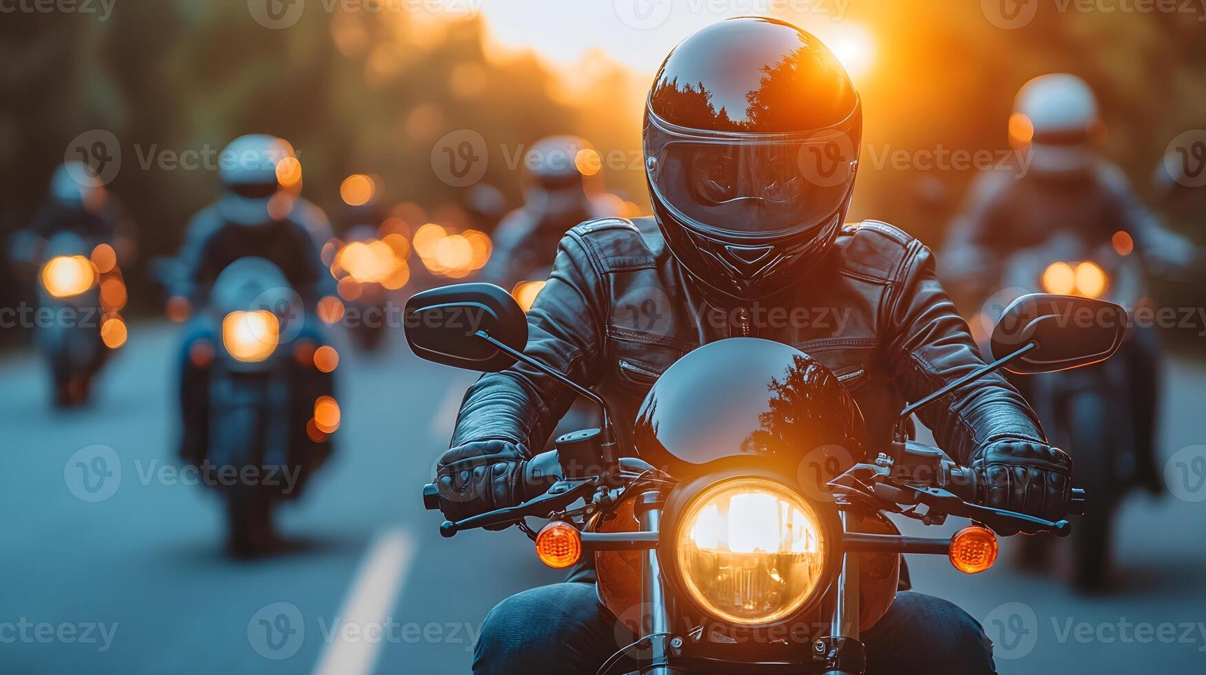 Bikers on a road trip with friends, helmets on, desert road stretching ahead photo
