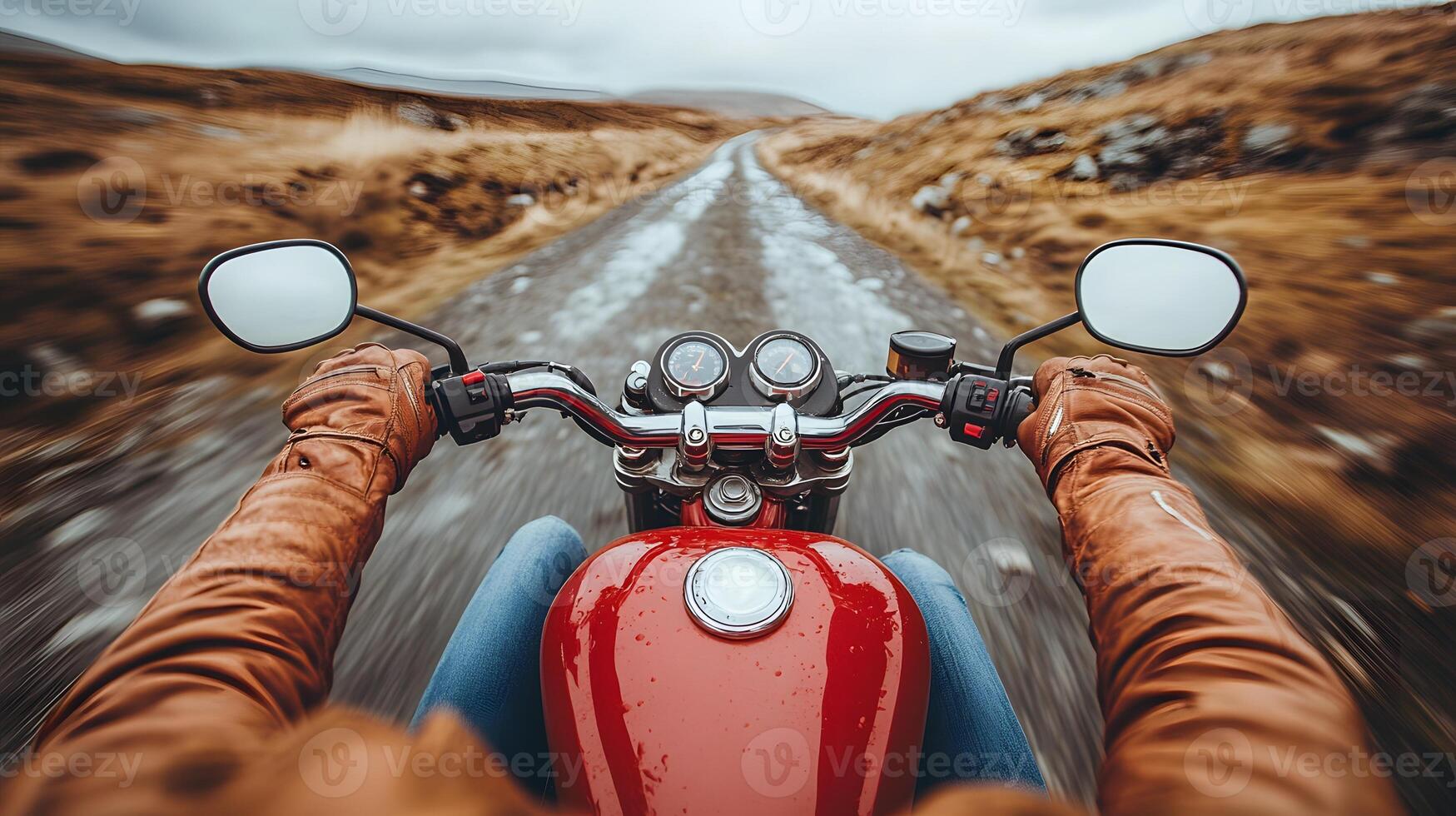 Young travelers on motorbikes, riding through green valleys, exploring the countryside together photo