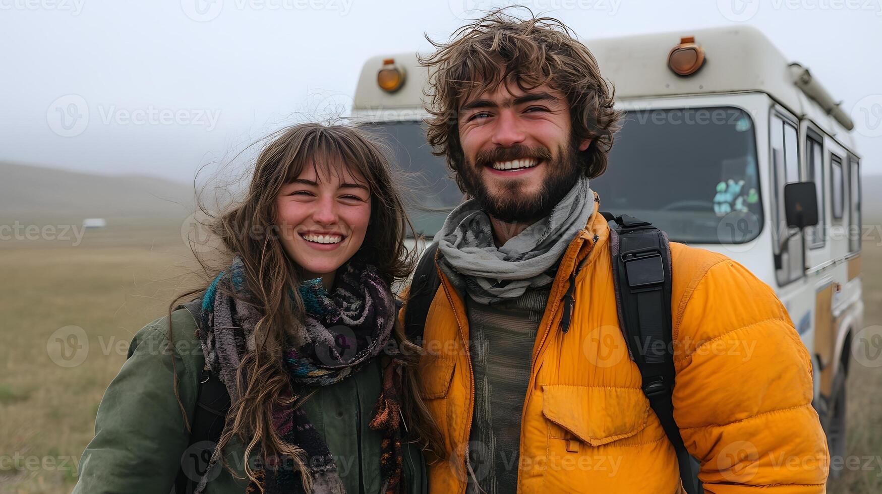 Young travelers dancing next to their vehicle, spontaneous celebration, road trip vibes photo