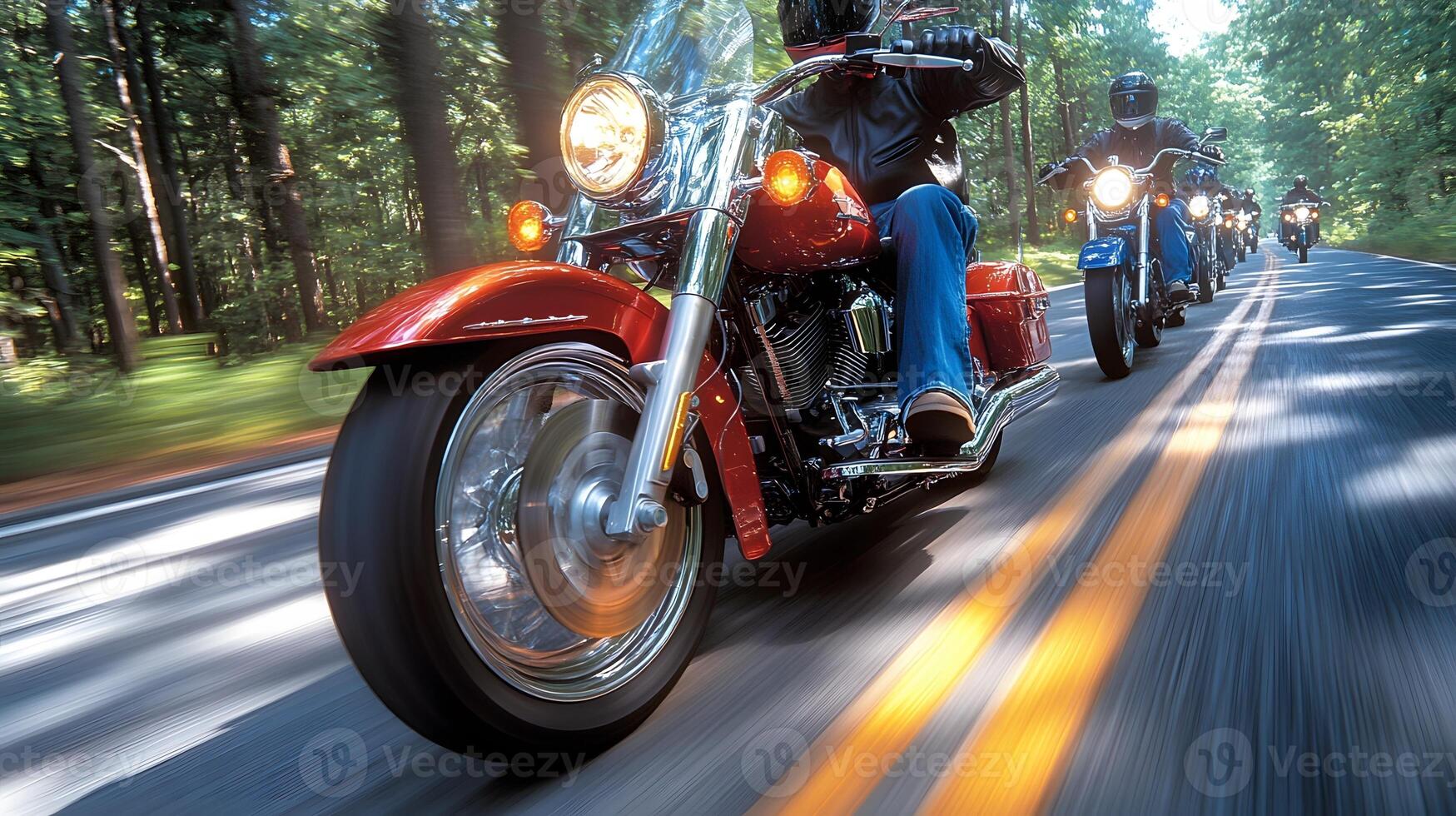 Friends on motorcycles, cruising along coastal highway, feeling of exhilaration and freedom photo
