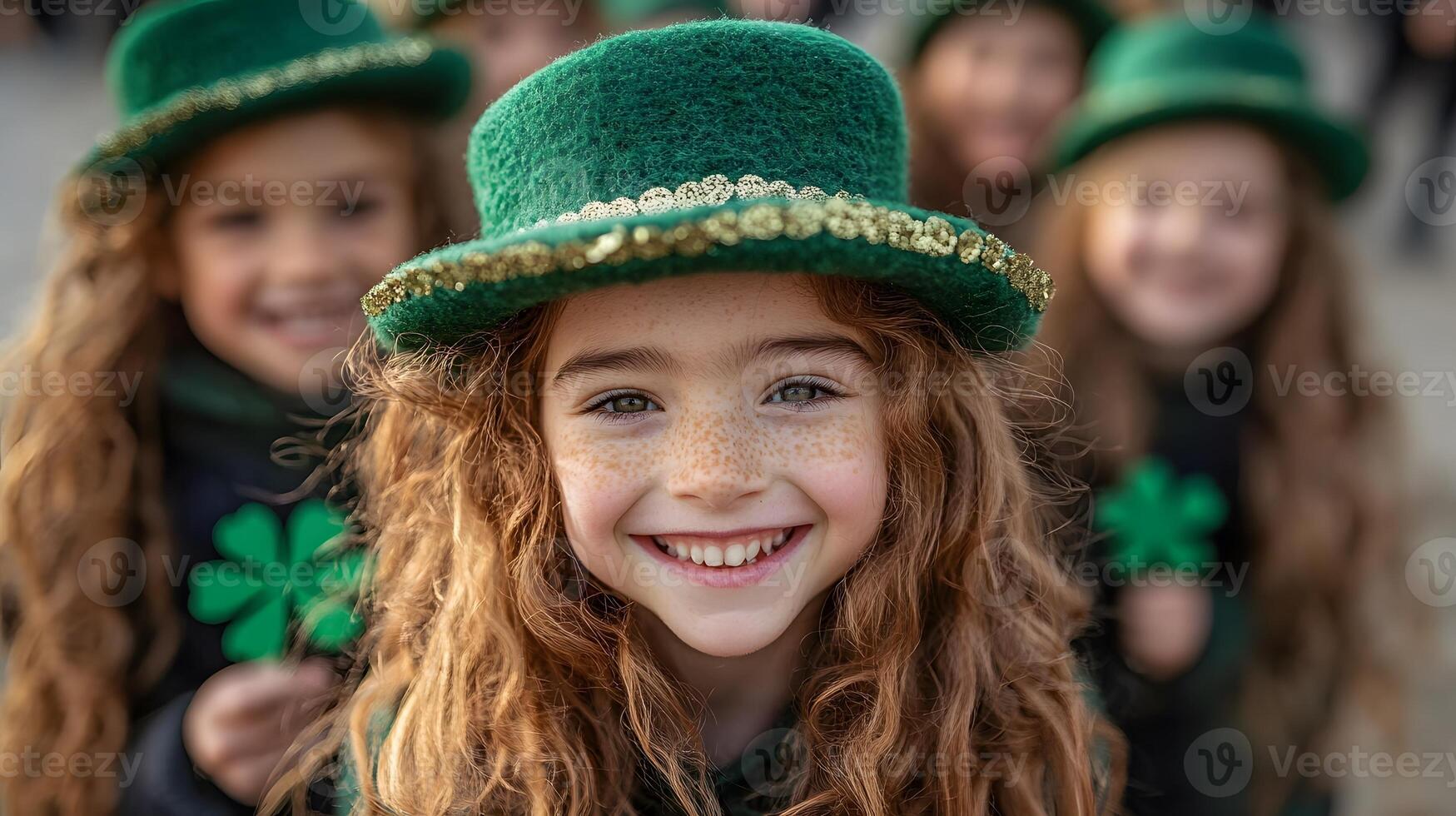 Irish family wearing green hats and holding shamrocks, enjoying Saint Patrick's Day in a cheerful outdoor setting photo