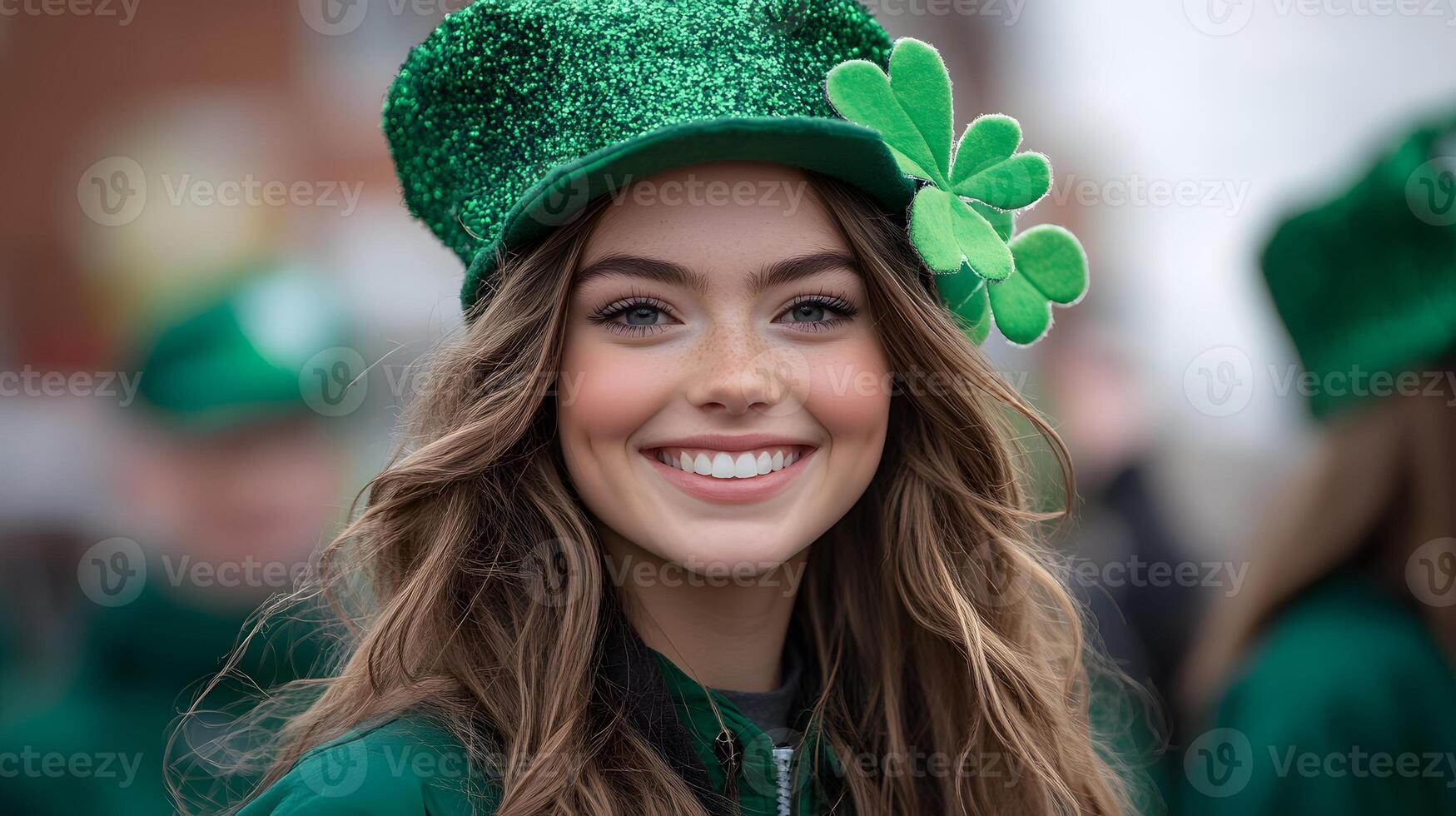 Colorful street parade featuring green costumes shamrocks, and Irish dancers celebrating Saint Patrick's Day photo