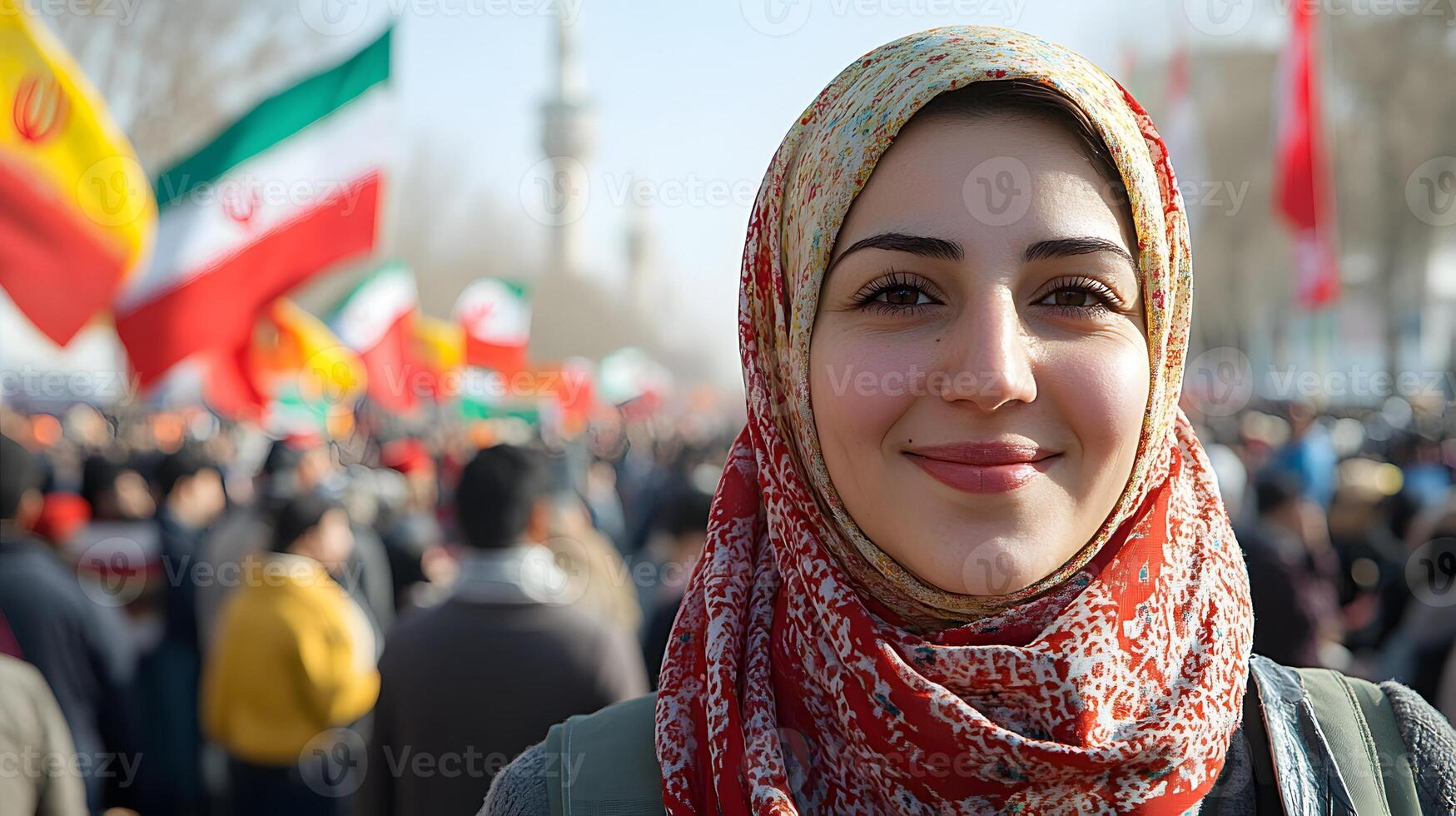Patriotic parade in Tehran for .he Islamic Revolution anniversary, people in traditional dress, flags and music photo