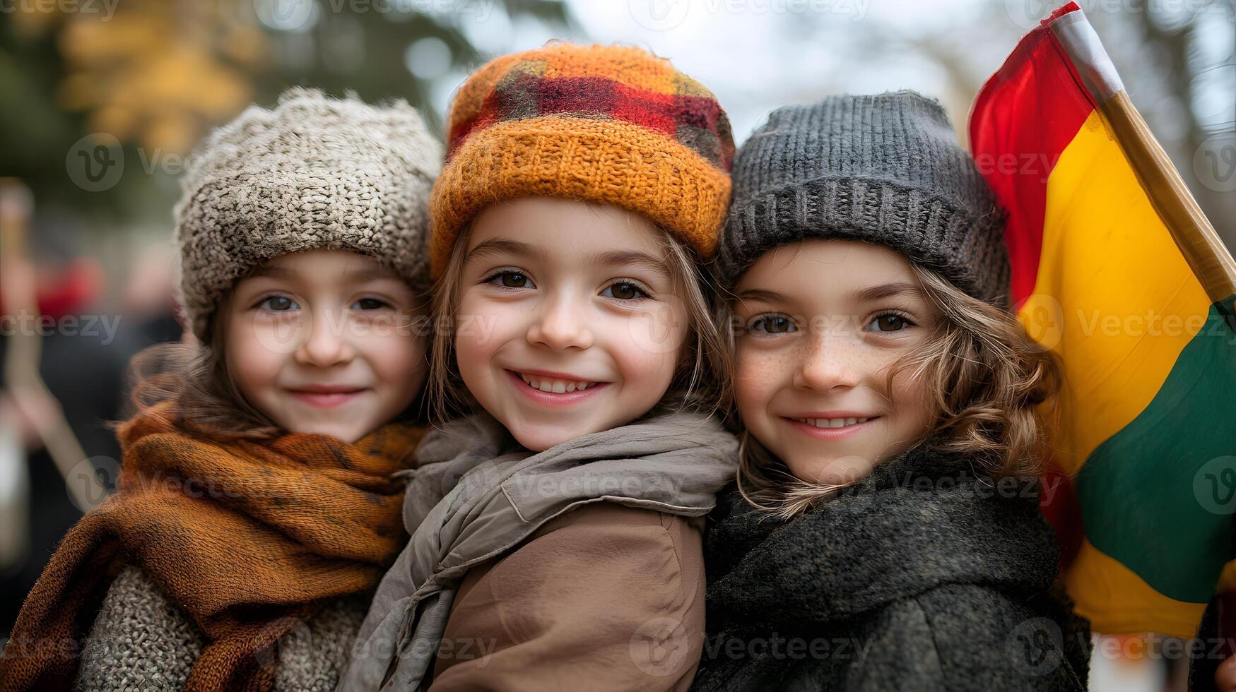 Lithuanian children in traditional clothing, holding flags and smiling, Lithuania Independence Day celebration, lively scene photo